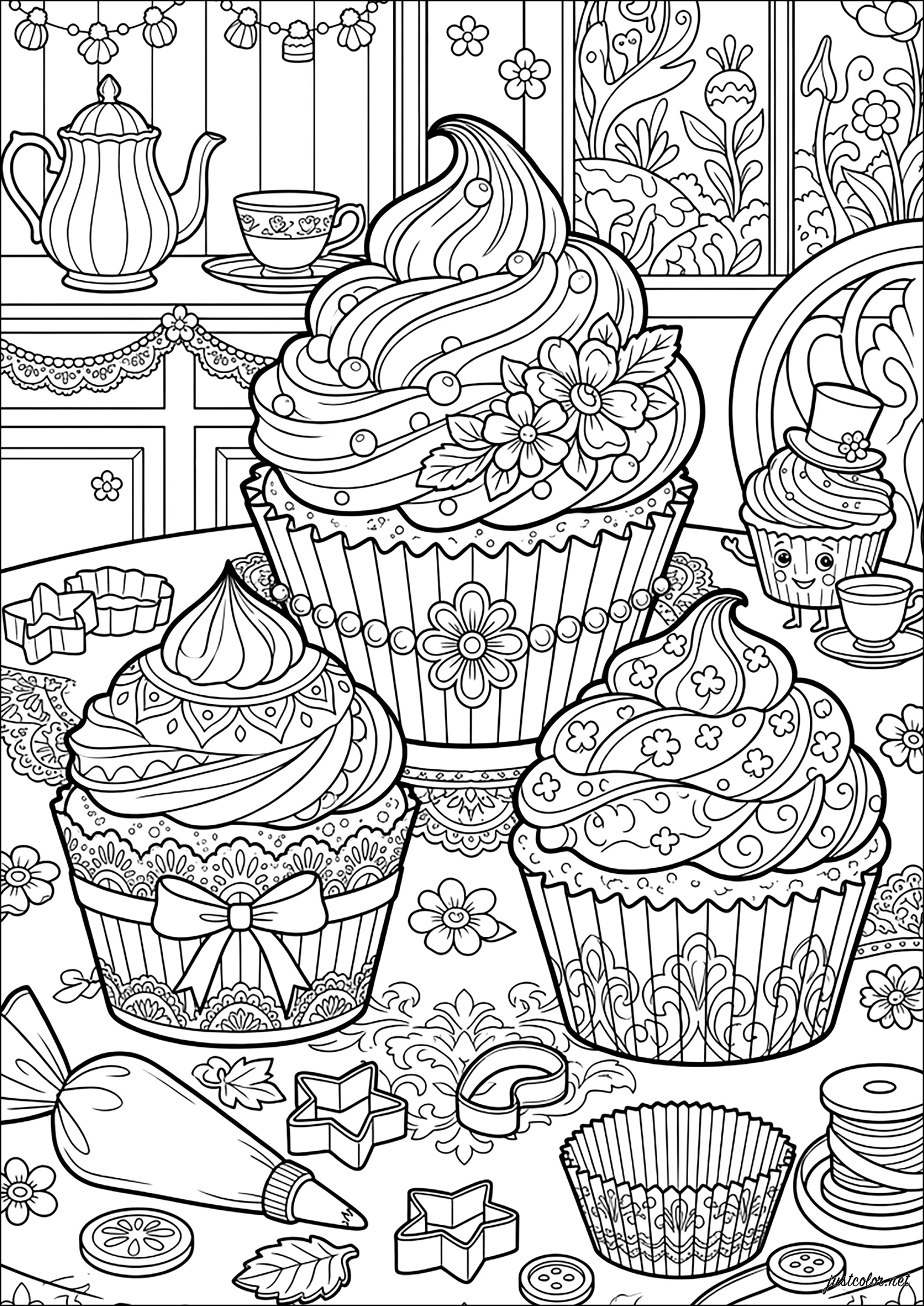 Viktorianische Cupcakes und Teestube (Ausmalbild zum Ausdrucken und Ausmalen für Erwachsene)