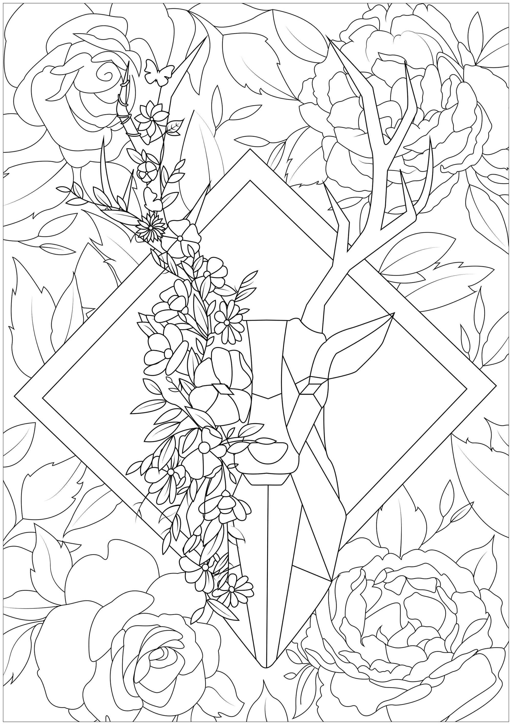 Dieser geometrische Hirsch scheint inmitten eines Waldes voller Blumen zu stehen, Künstler : Arwen