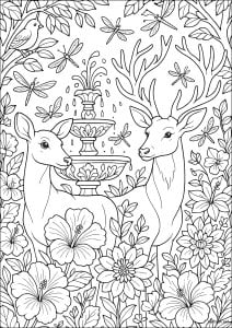 Majestätische Hirsche in einem verzauberten Garten (Ausmalbild von Rehe)