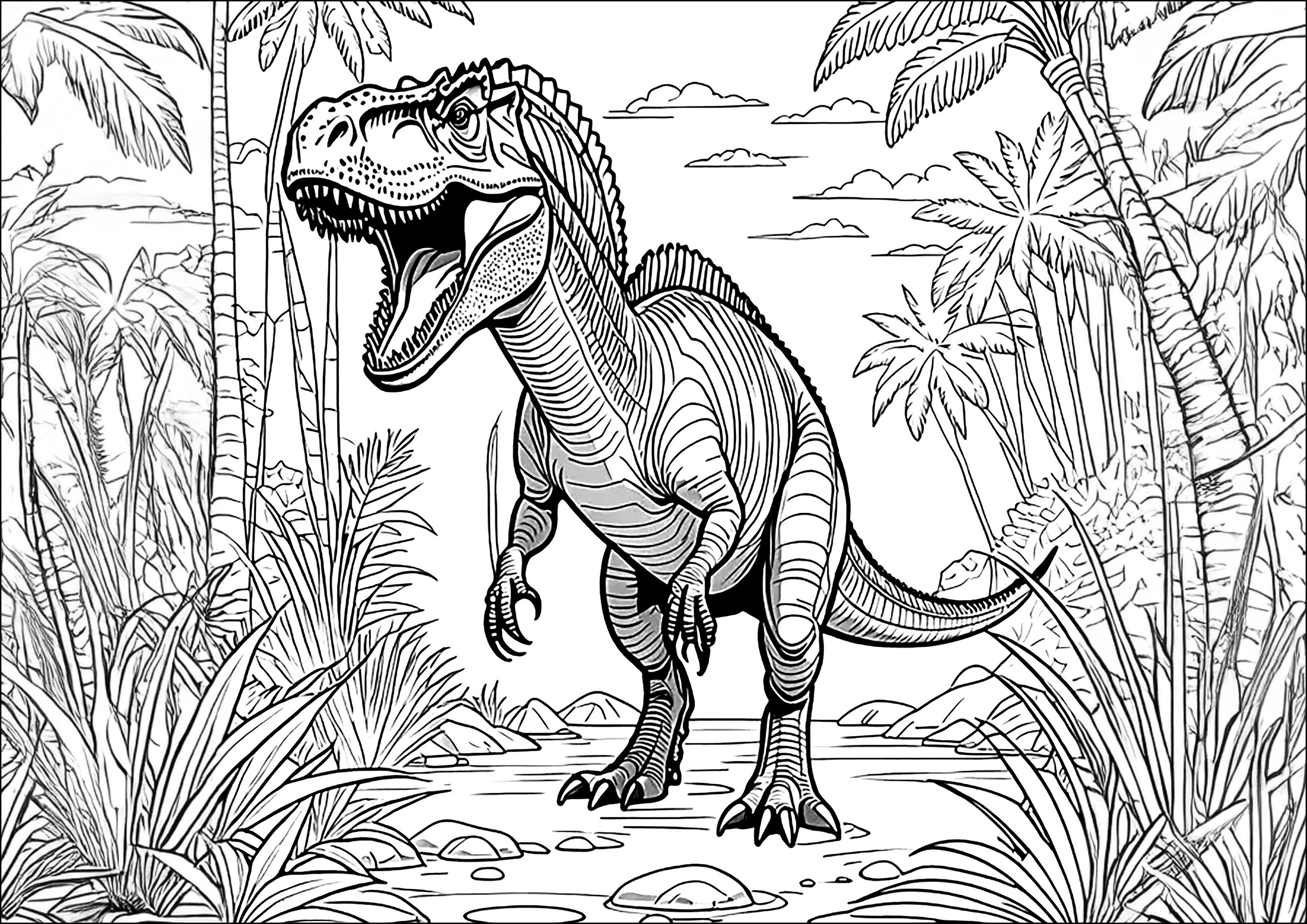 Verärgerter T-Rex auf der Suche nach Beute (Ausmalbild von Dinosaurier zum Ausdrucken und Ausmalen für Erwachsene)