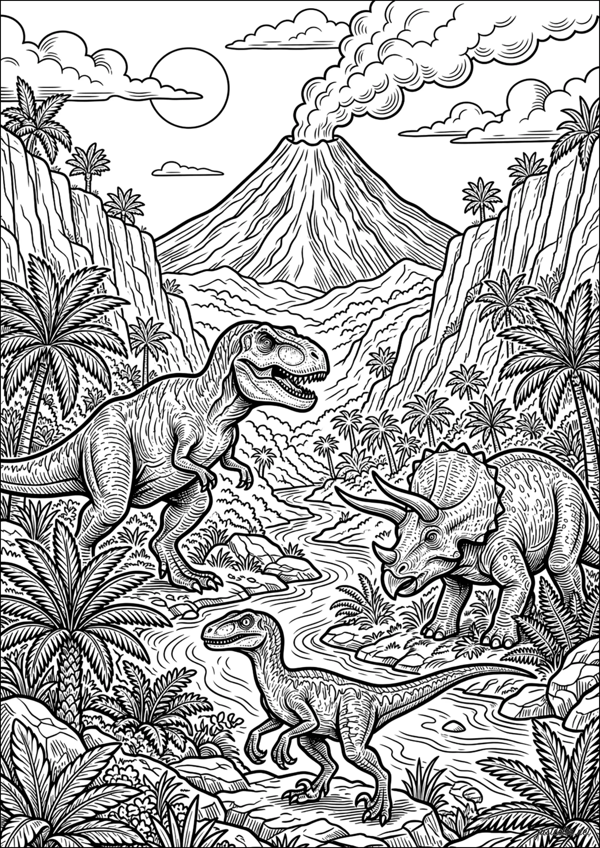Dinosaurier am Fuße des Vulkans (Ausmalbild zum Ausdrucken und Ausmalen für Erwachsene)