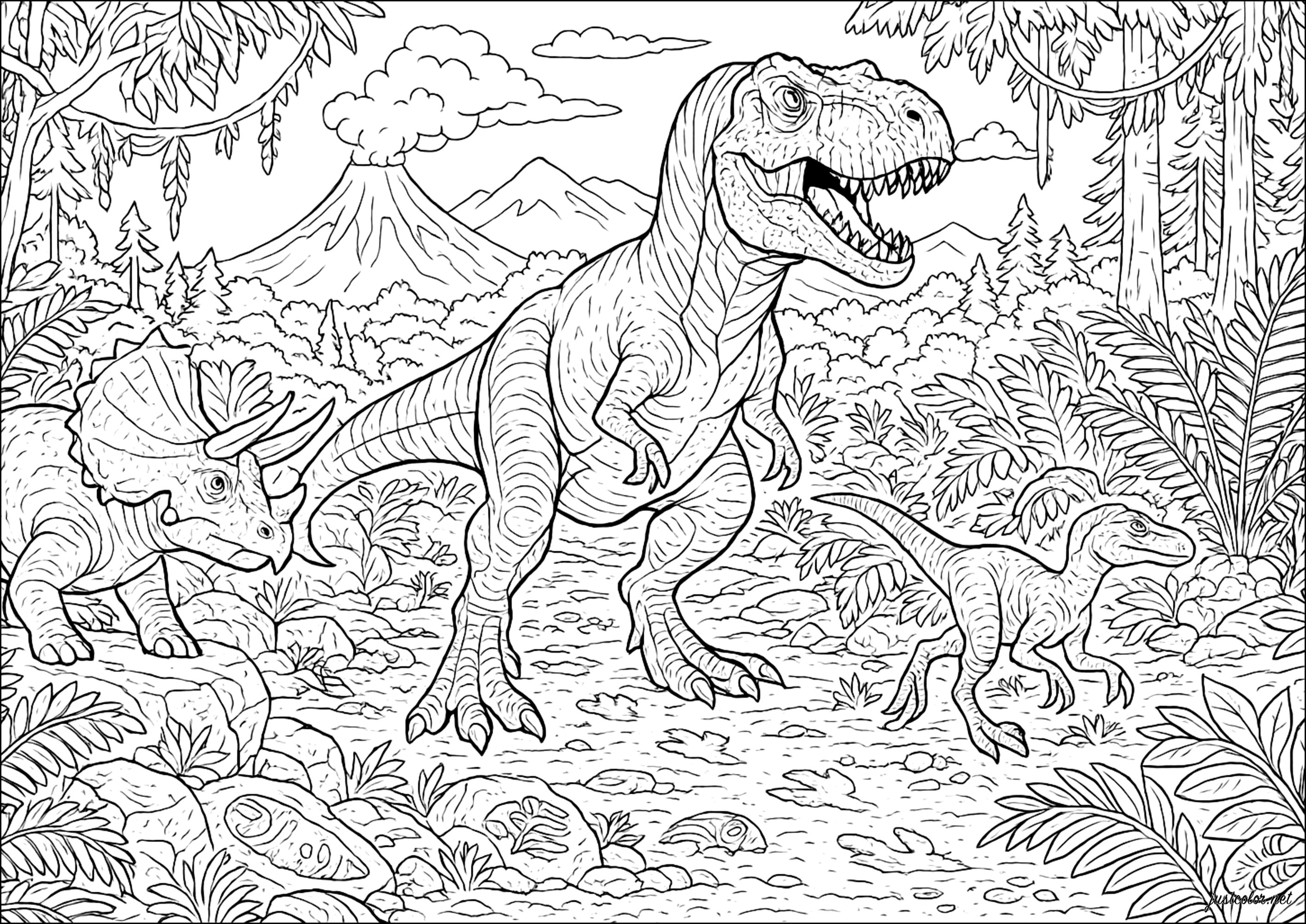 Prähistorische Königreiche: Tyrannosaurus Rex, Triceratops und Velociraptoren (Ausmalbild von Dinosaurier zum Ausdrucken und Ausmalen für Erwachsene)