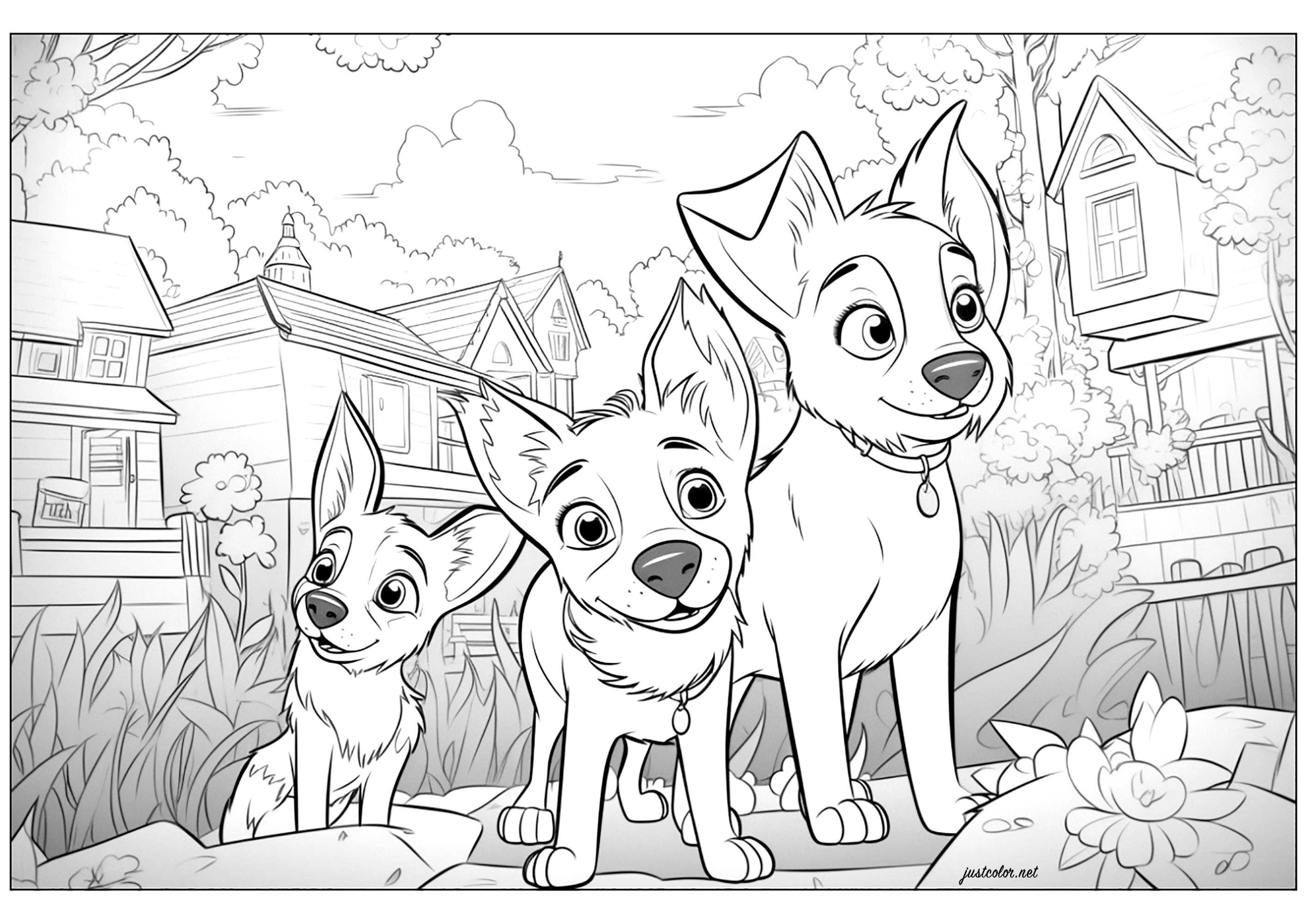 Drei Hunde im Disney-Pixar-Stil gezeichnet. Malen Sie auch alle Häuser im Hintergrund dieser Originalillustration aus.