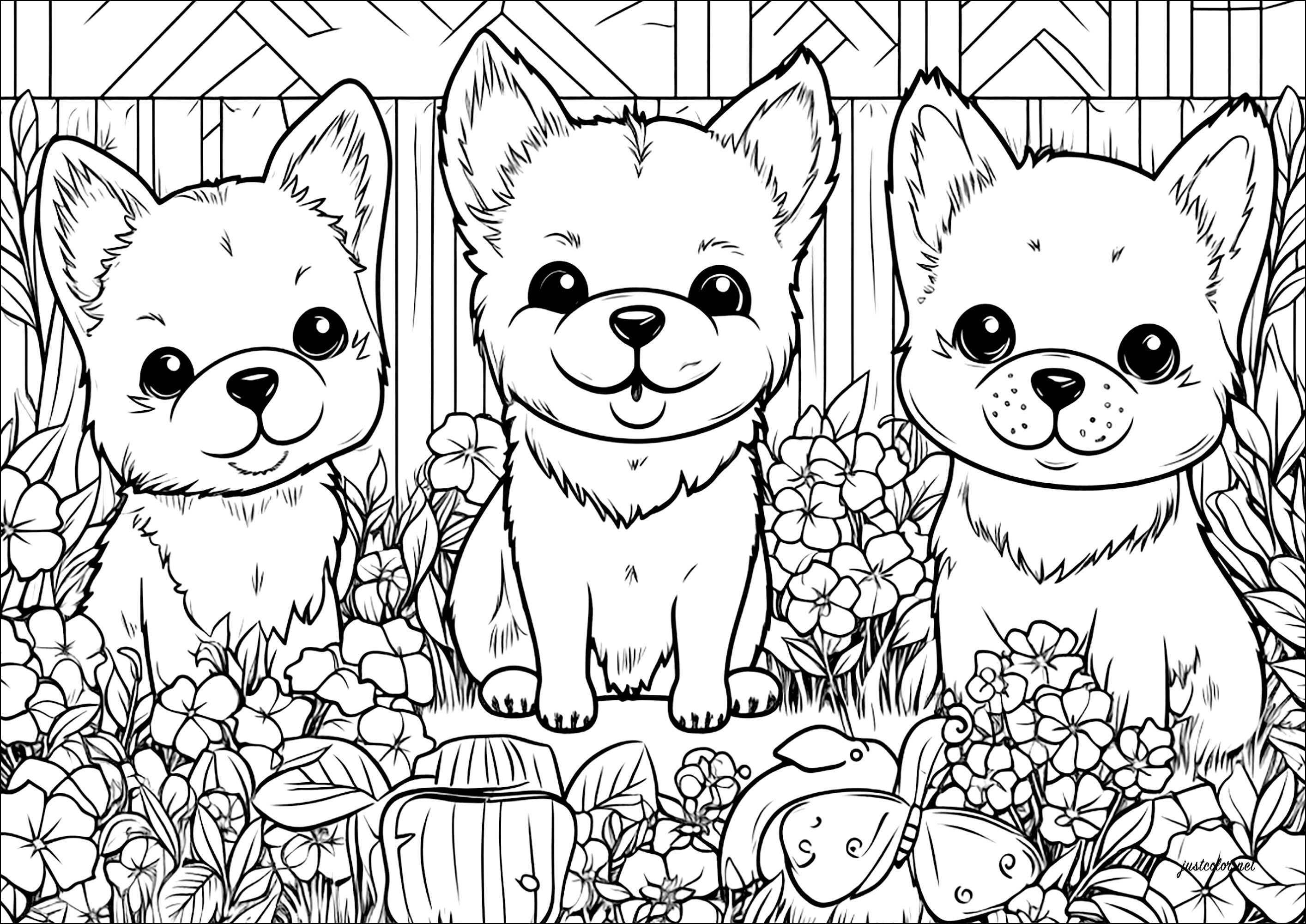 Drei kleine Hunde in einem Blumengarten. Eine niedliche Malvorlage mit vielen Details zu den Blumen und der Vegetation im Garten.