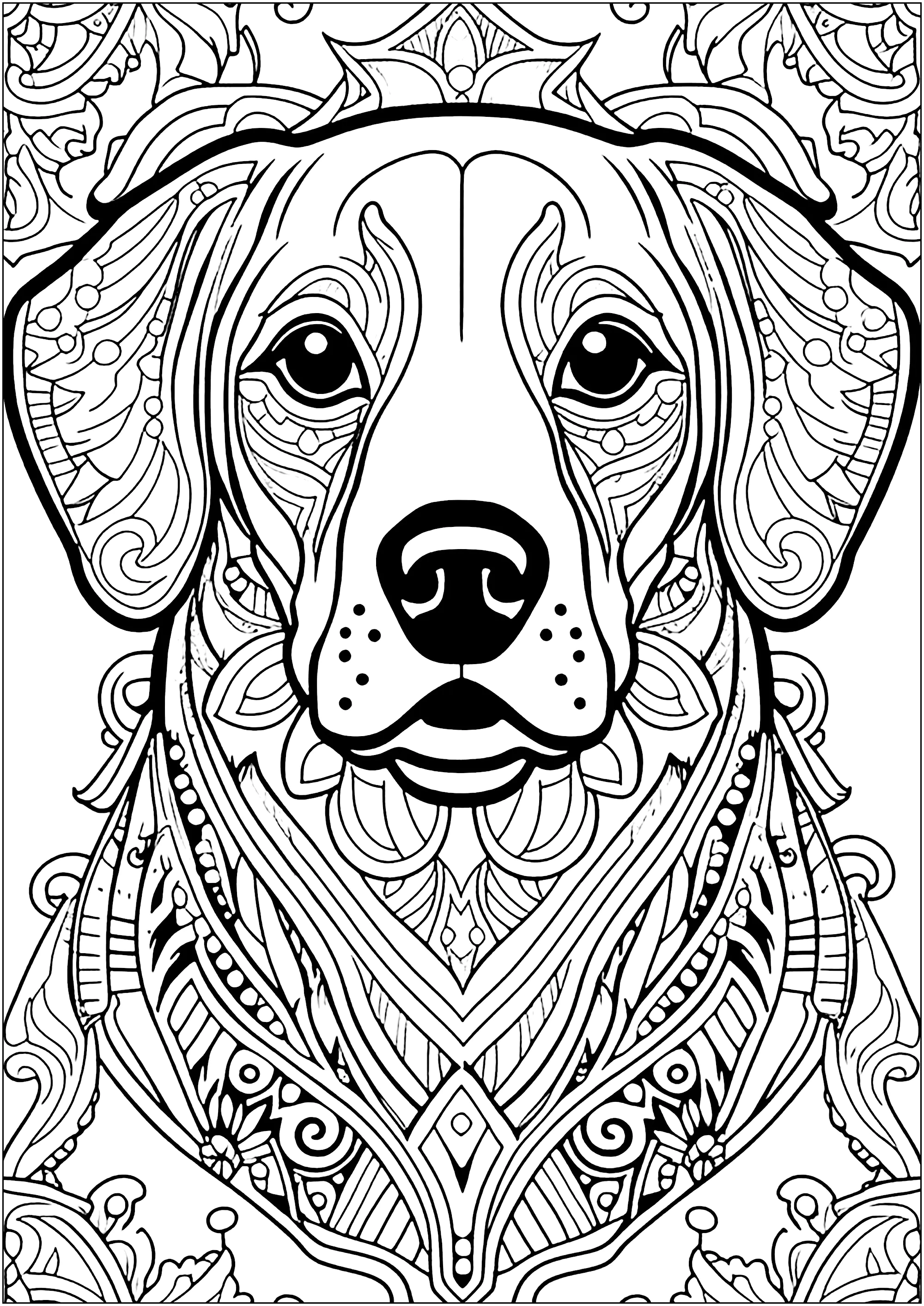 Hund mit schönen Mustern (Ausmalbild von Hunde zum Ausdrucken und Ausmalen für Erwachsene)