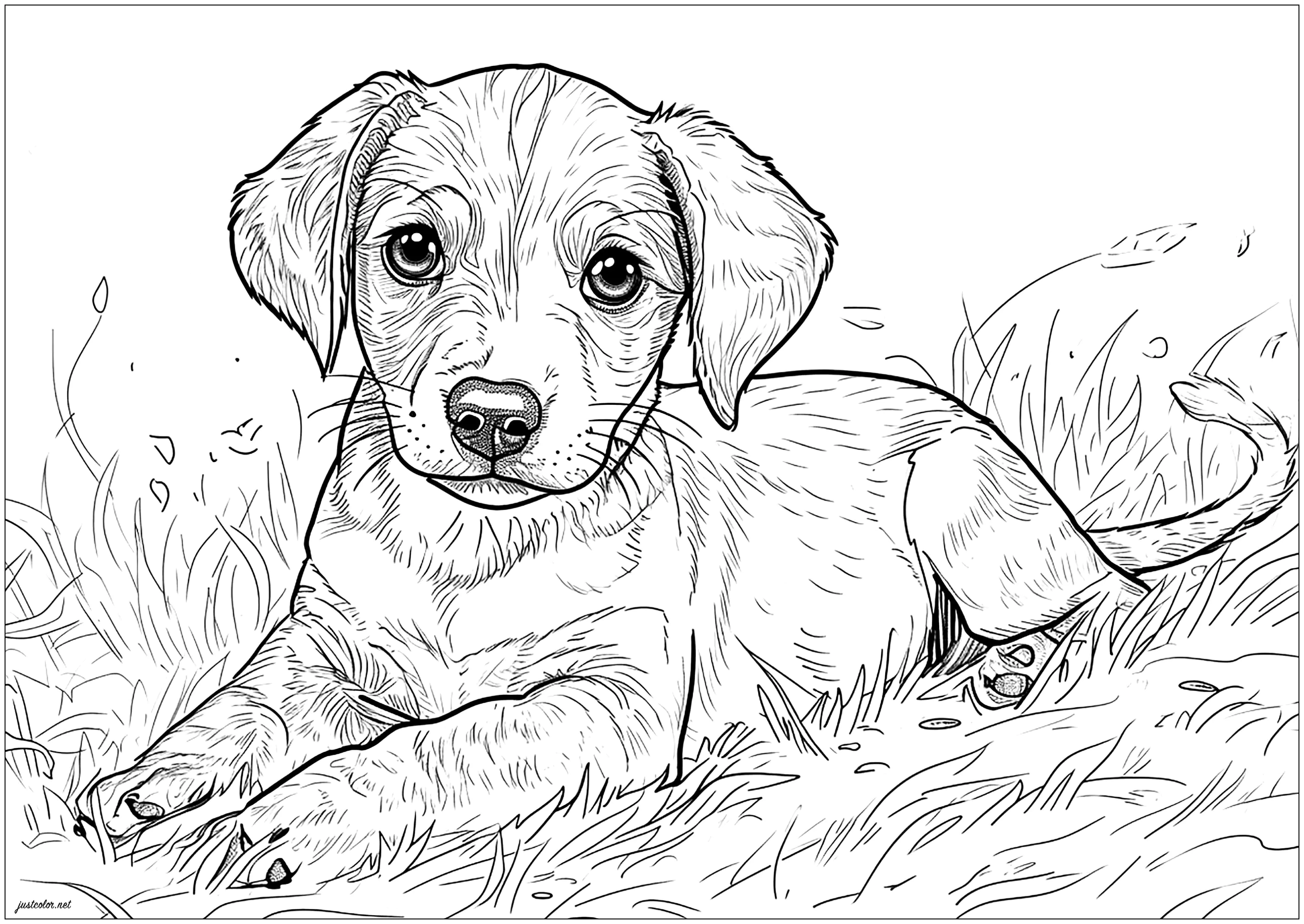 Junger Welpe liegend (Ausmalbild von Hunde zum Ausdrucken und Ausmalen für Erwachsene)