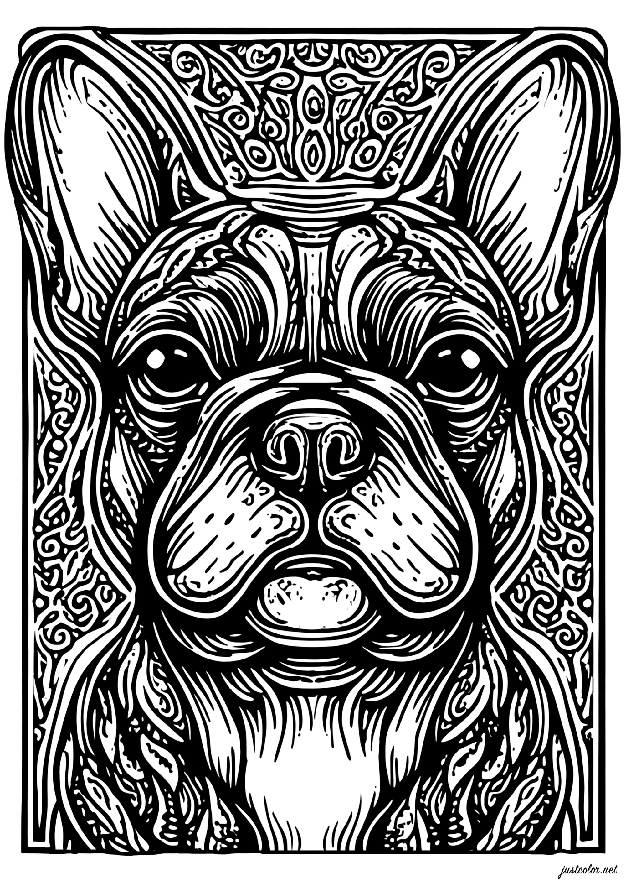 Stilisiertes Porträt eines Französischen Bulldogs (Ausmalbild von Hunde zum Ausdrucken und Ausmalen für Erwachsene)