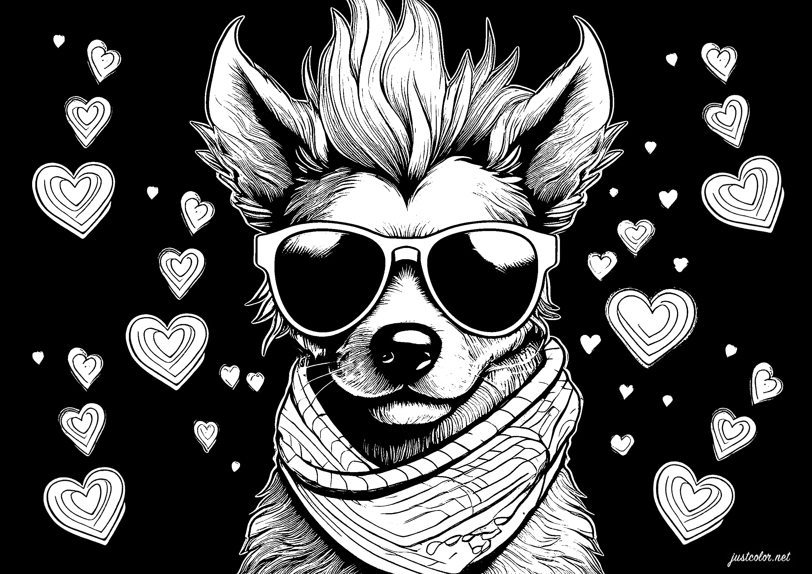 Hund mit Fliegerbrille und Halstuch (Ausmalbild von Hunde zum Ausdrucken und Ausmalen für Erwachsene)