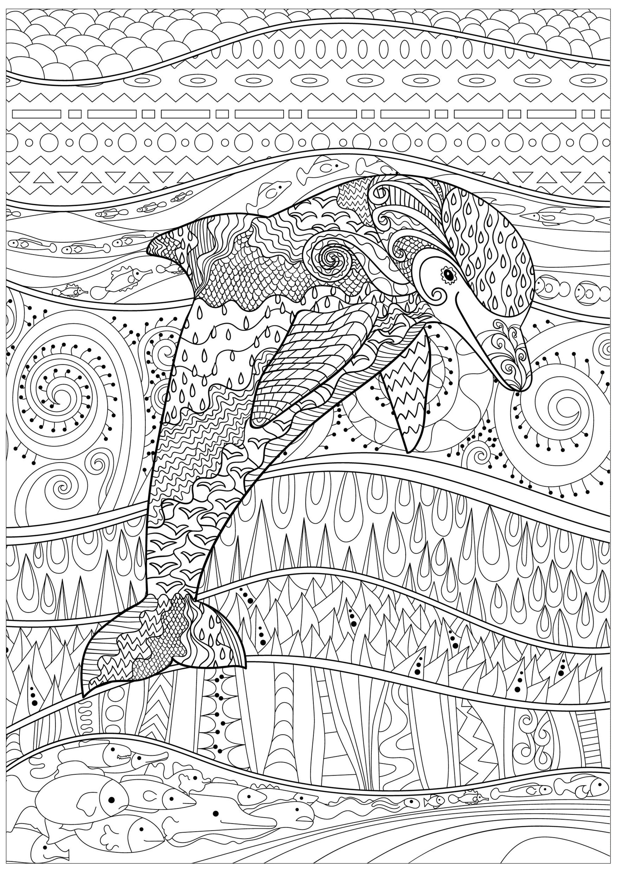 Delphin in einem ruhigen Meer, mit Fischen und schönen, abstrakten und komplexen Mustern, innerhalb und außerhalb seines Körpers, Quelle : 123rf   Künstler : Anna Lezhepekova