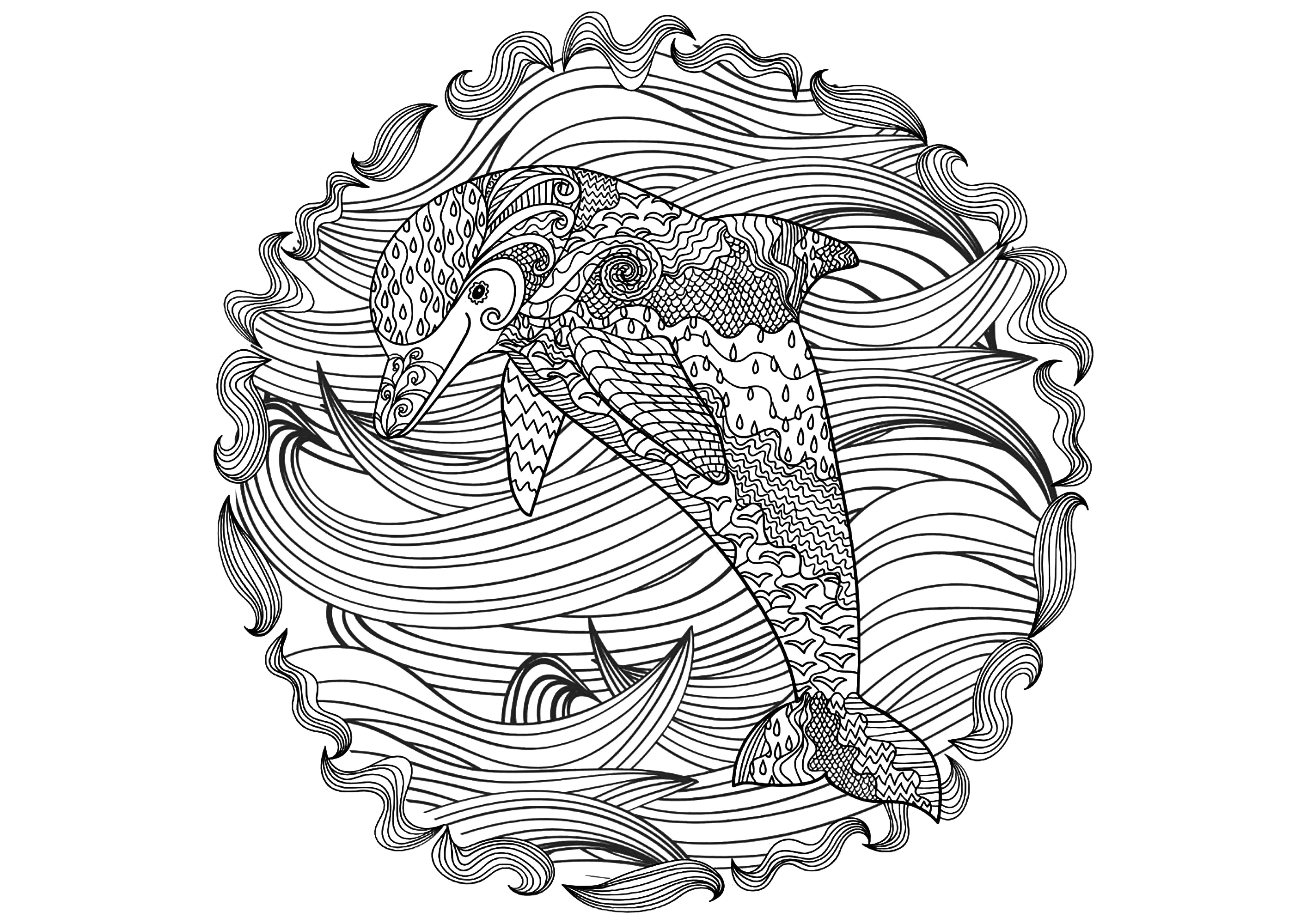 Delphin in der Mitte der Wellen in einem hübschen runden Design (Ausmalbild von Delfine zum Ausdrucken und Ausmalen für Erwachsene)