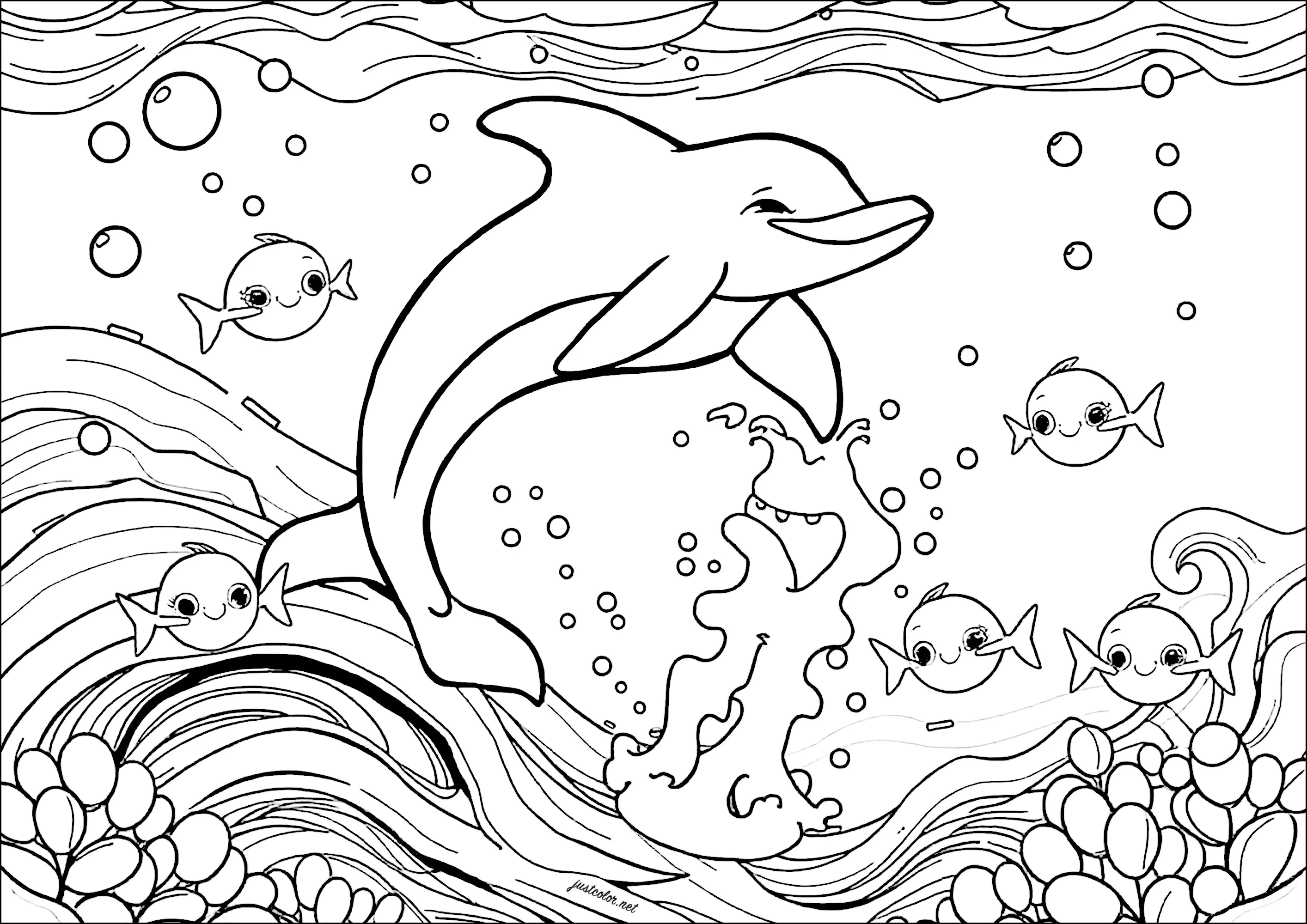 Lustiger Delphin mit Fisch (Ausmalbild von Delfine zum Ausdrucken und Ausmalen für Erwachsene)
