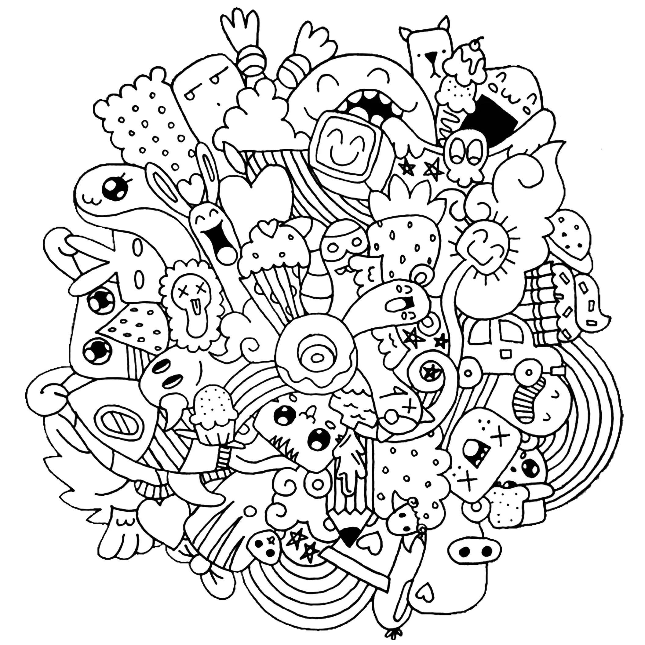 Seltsame Kreaturen (Ausmalbild von Doodle art / Doodling zum Ausdrucken und Ausmalen für Erwachsene)