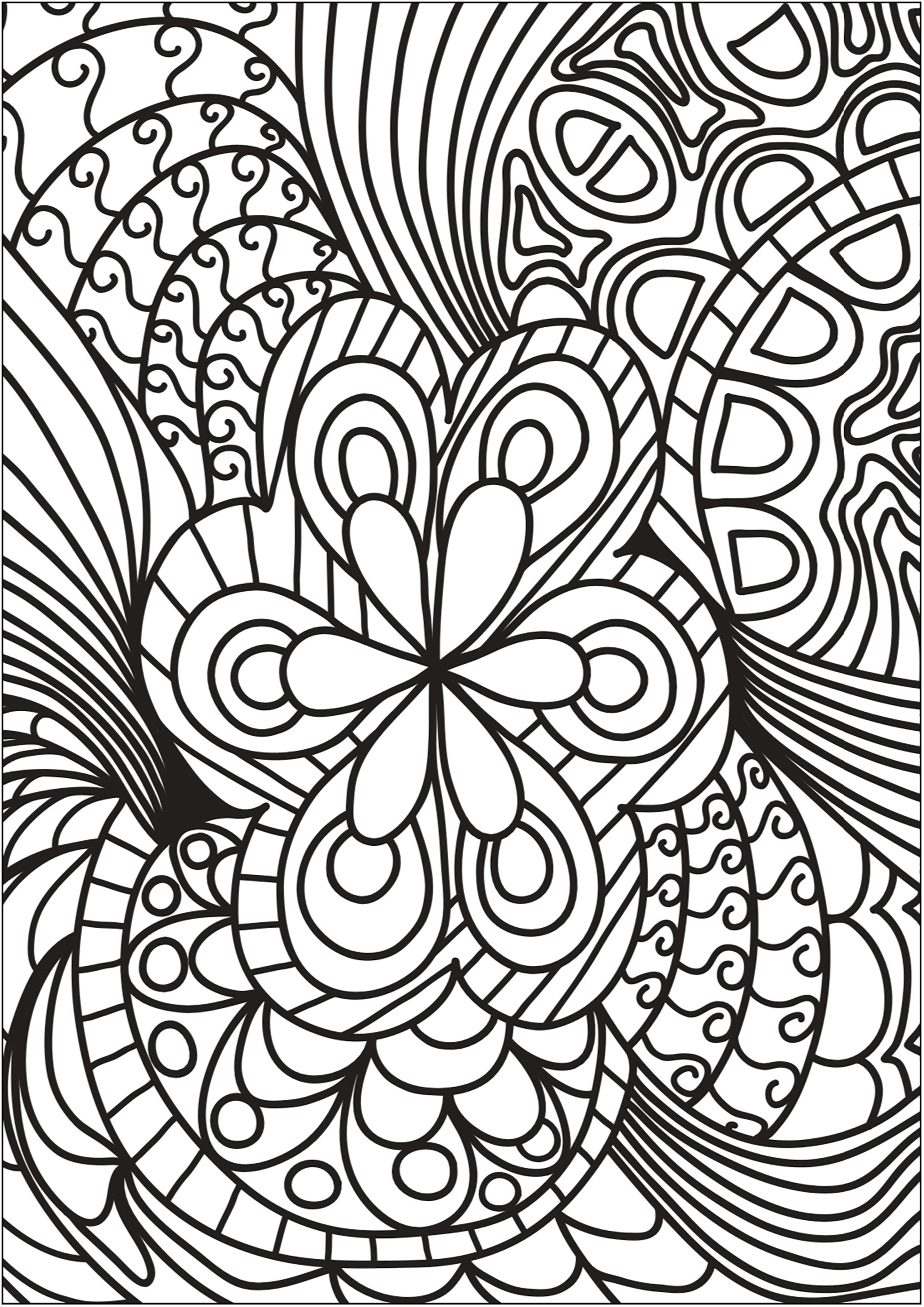 Schönes Doodle mit zentraler Blume und umliegenden Formen. Beginnen Sie mit dem Ausmalen der Blume und lassen Sie sich dann von einem Wirbelwind aus Formen und Farben mitreißen.