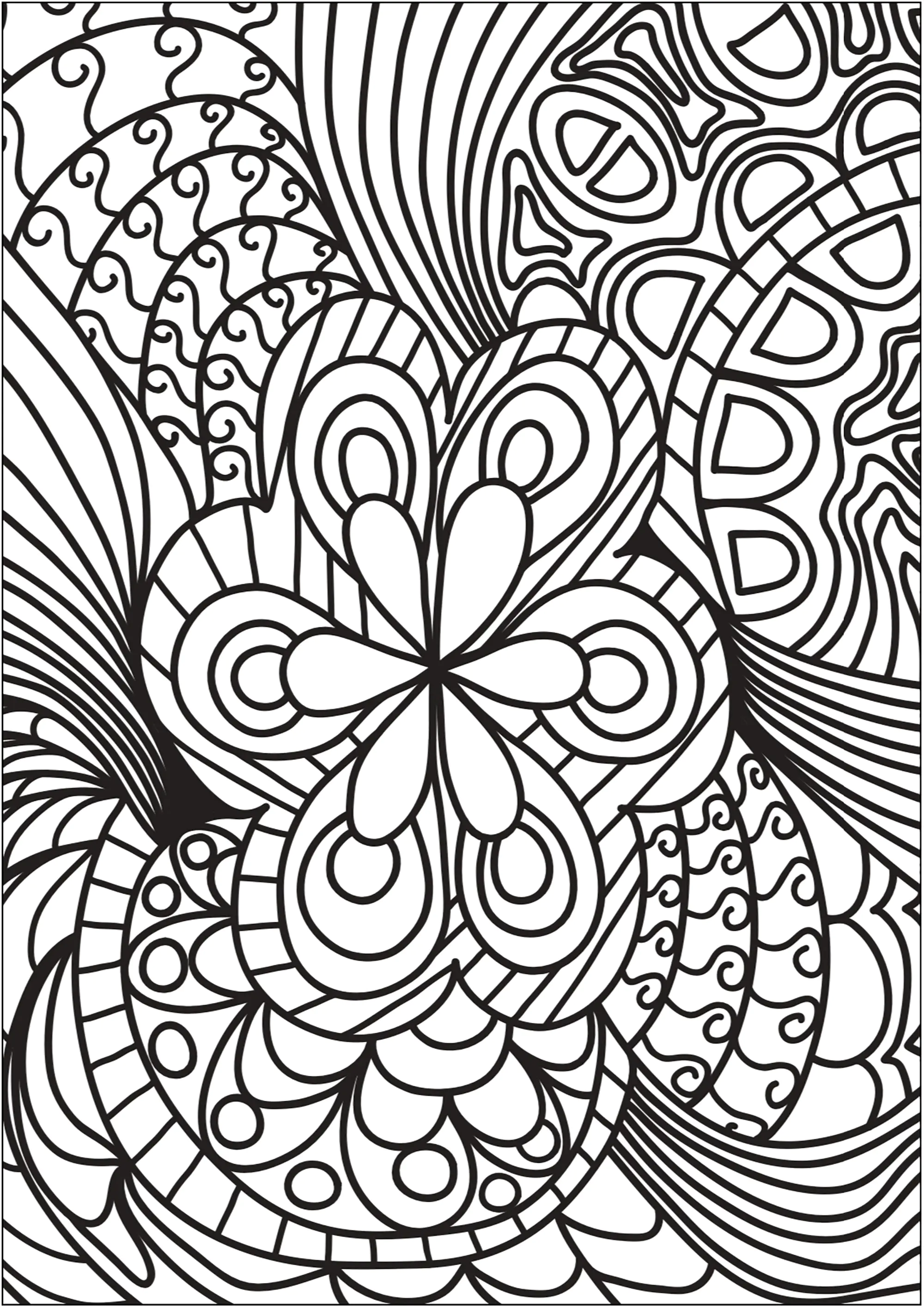 Hübsches Doodle mit einer zentralen Blume (Ausmalbild von Doodle art / Doodling zum Ausdrucken und Ausmalen für Erwachsene)