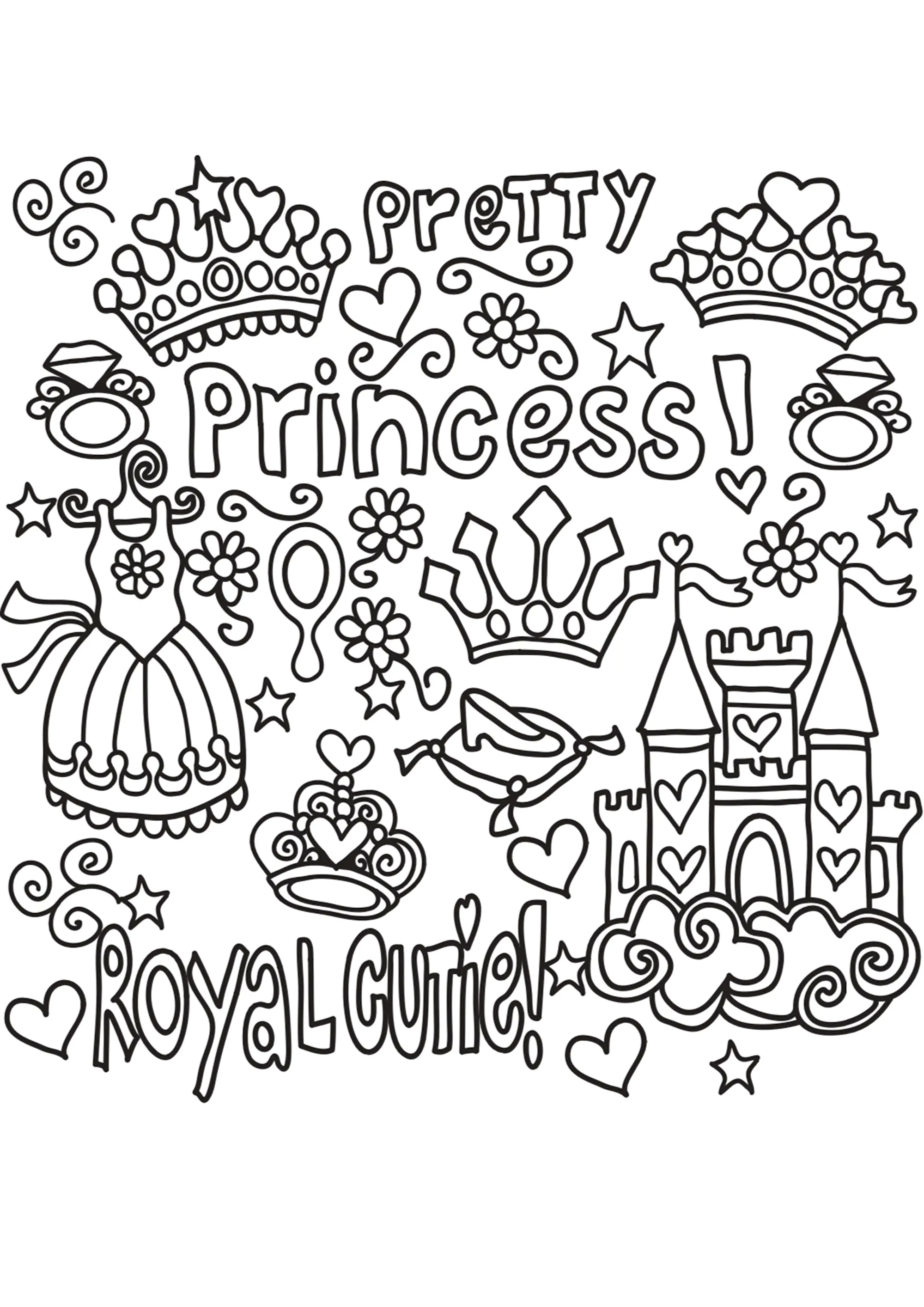 Doodle "princesse" (Ausmalbild von Doodle art / Doodling zum Ausdrucken und Ausmalen für Erwachsene)