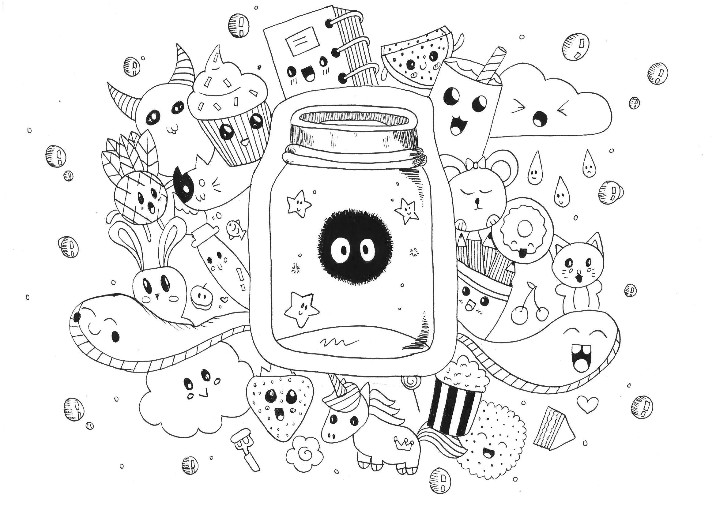 Niedliche Kawaii-Monster (Ausmalbild von Doodle art / Doodling zum Ausdrucken und Ausmalen für Erwachsene)