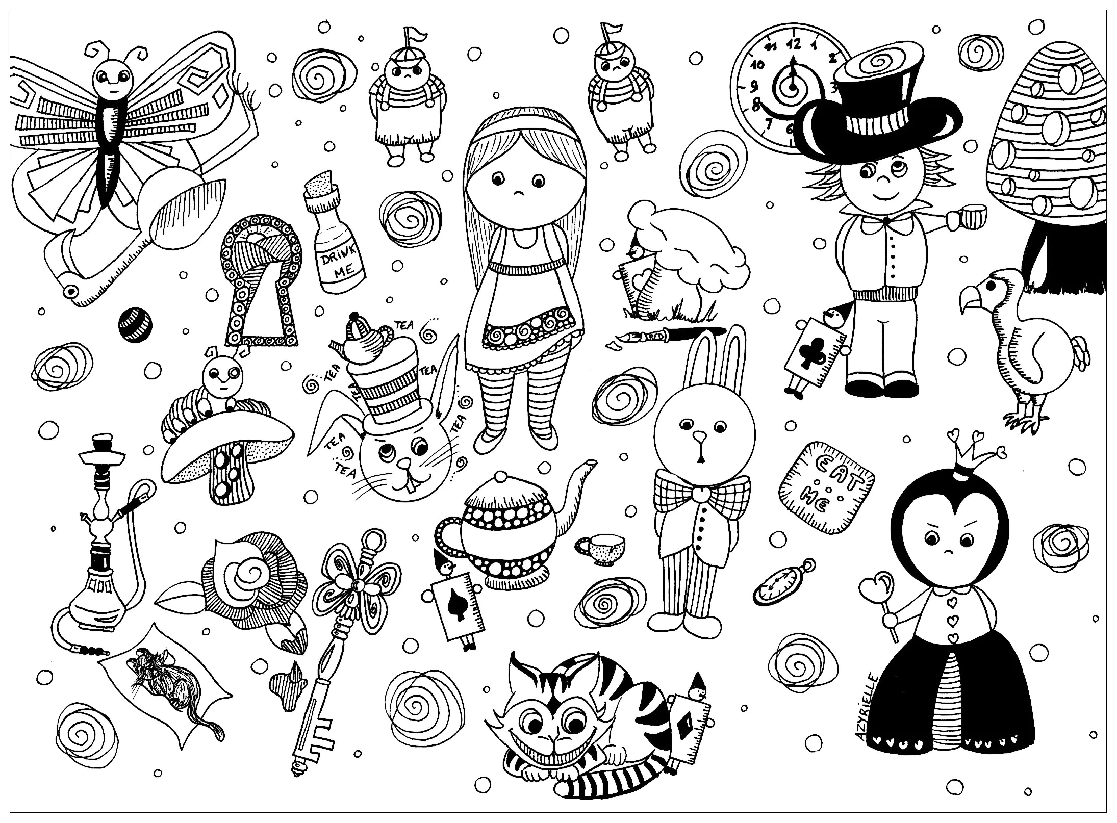 Alice im Wunderland (Ausmalbild von Doodle art / Doodling zum Ausdrucken und Ausmalen für Erwachsene)