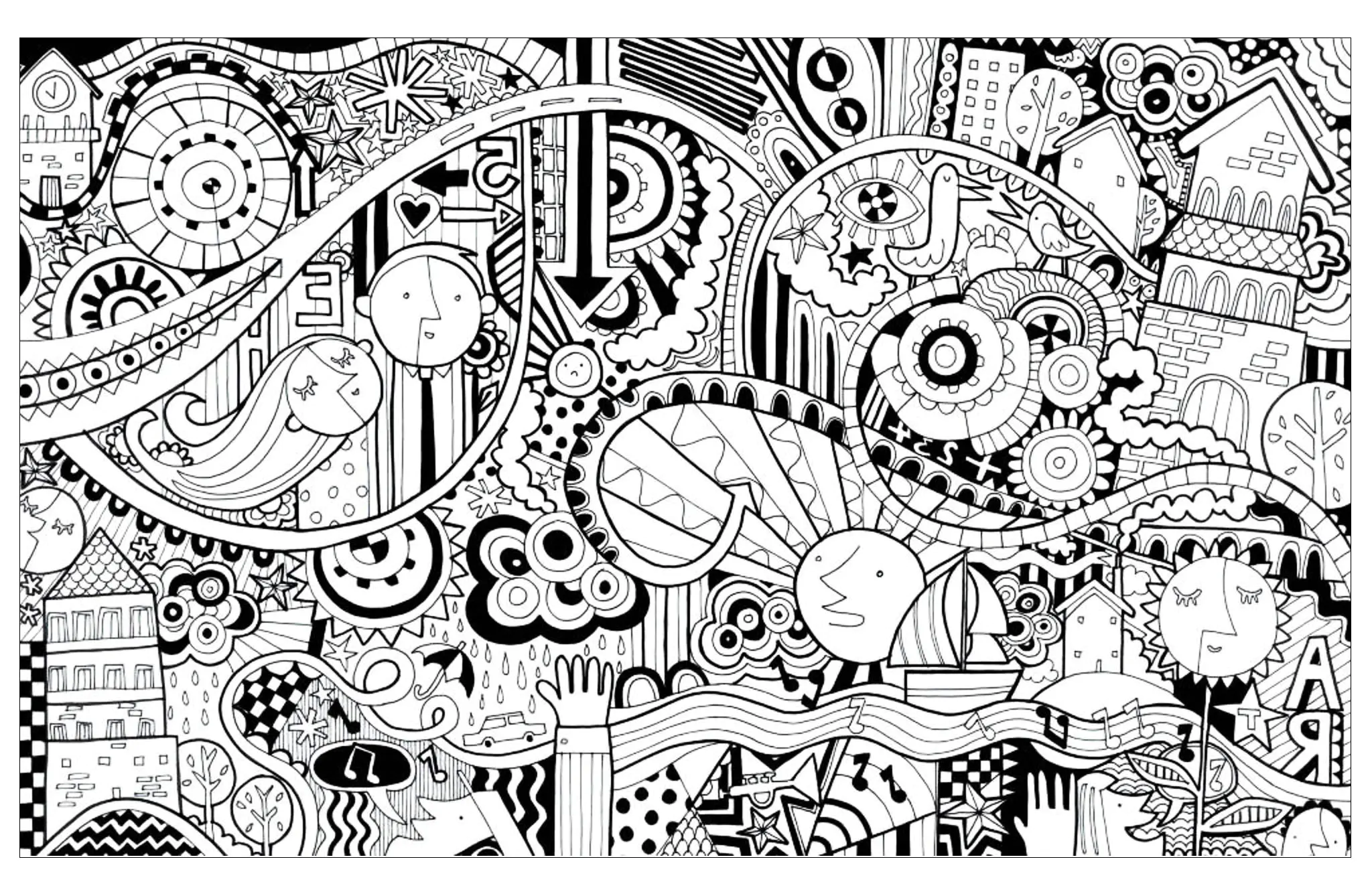 Lustige Stadt im Doodle (Ausmalbild von Doodle art / Doodling zum Ausdrucken und Ausmalen für Erwachsene)