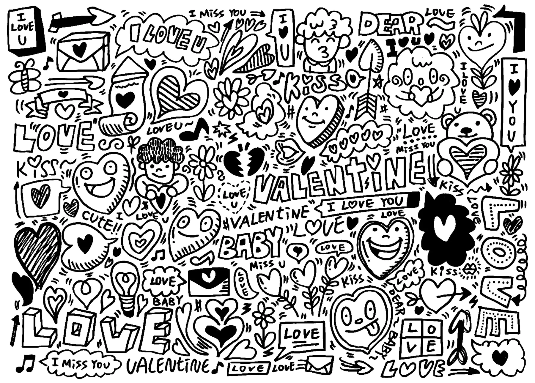 Liebe & Valentinstag Doodle (Ausmalbild von Doodle art / Doodling zum Ausdrucken und Ausmalen für Erwachsene)
