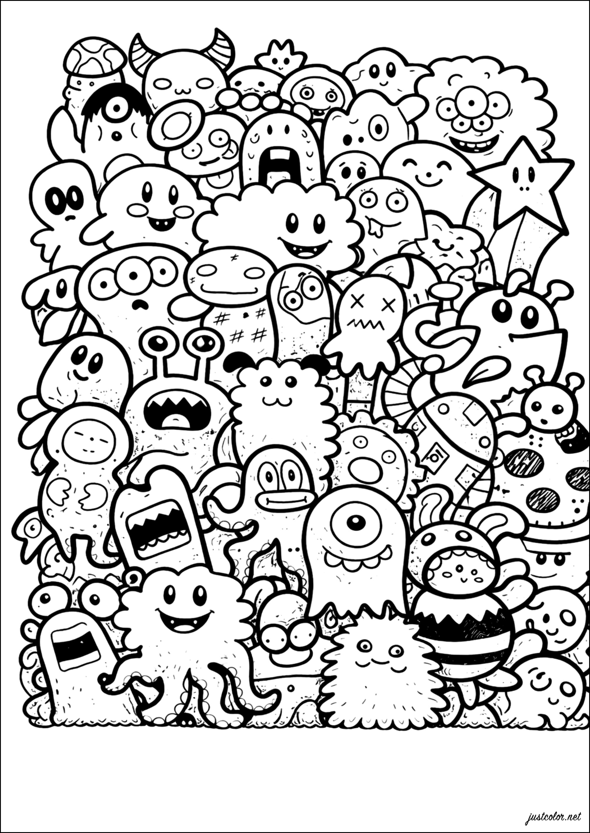 Fröhliches Beisammensein von niedlichen Monstern (Ausmalbild von Doodle art / Doodling zum Ausdrucken und Ausmalen für Erwachsene)