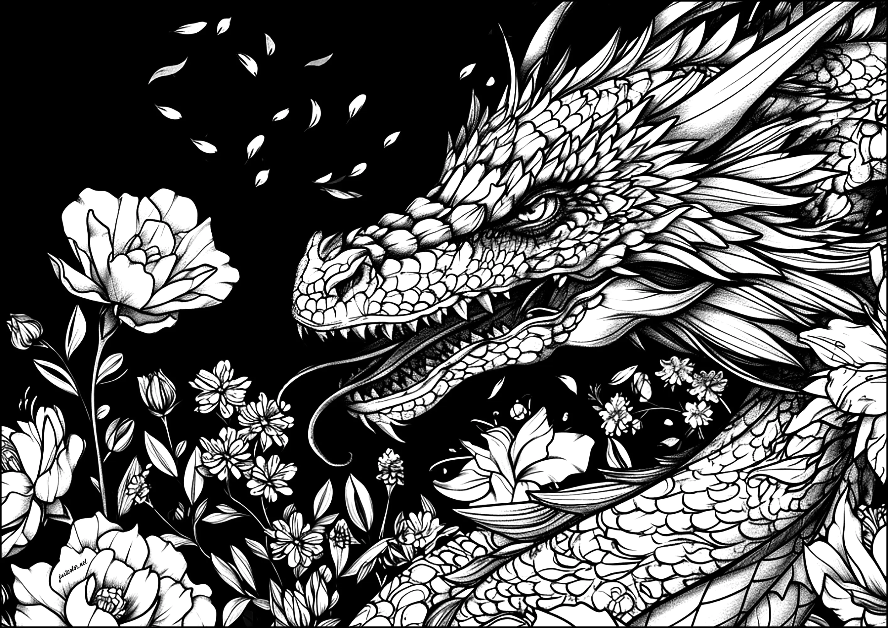 Der Drache und die Rose (Ausmalbild von Drachen zum Ausdrucken und Ausmalen für Erwachsene)