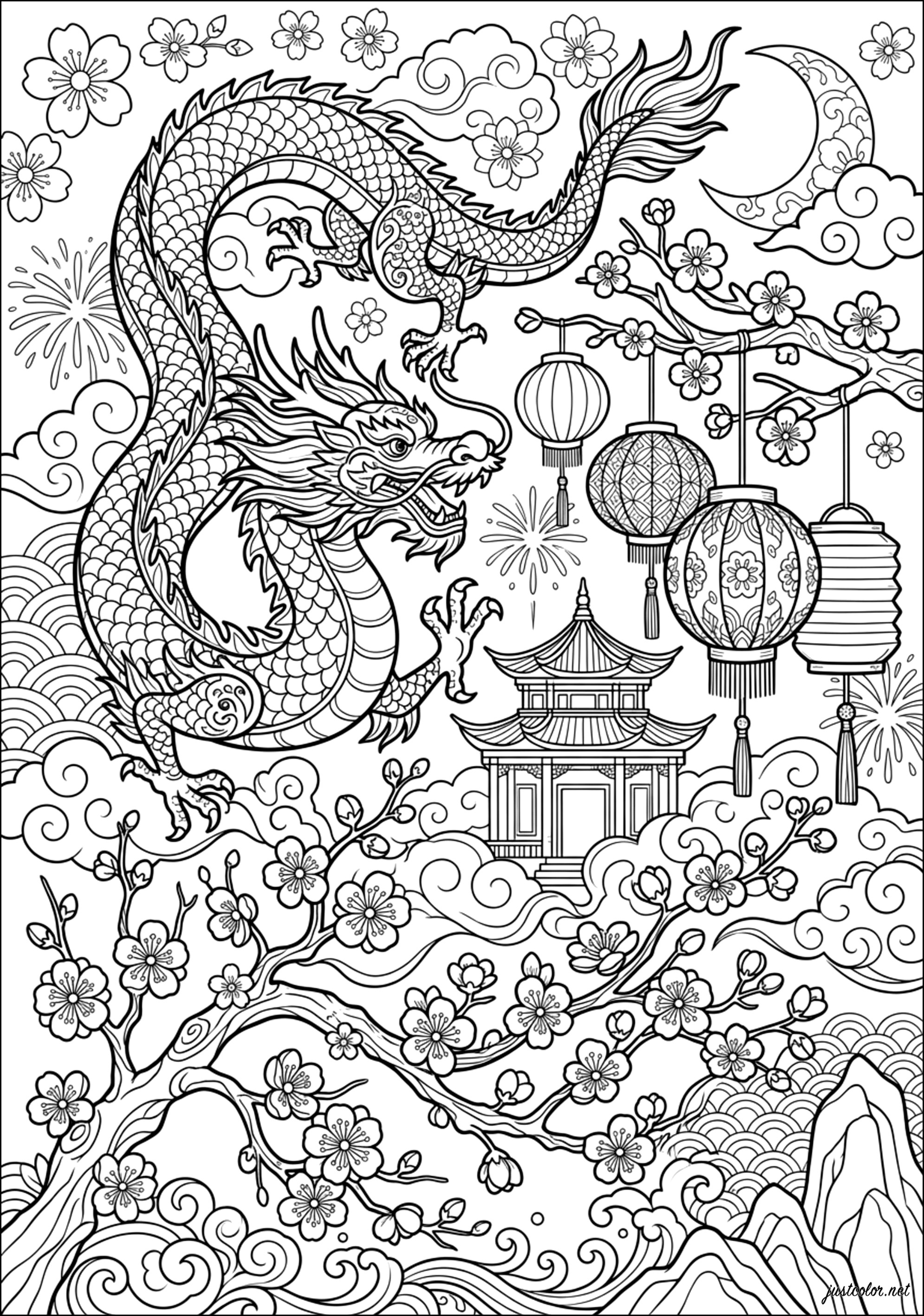 Drachentanz unter dem Mond (Ausmalbild von Drachen zum Ausdrucken und Ausmalen für Erwachsene)