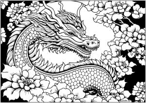 Drache und Blumen (Ausmalbild von Drachen)
