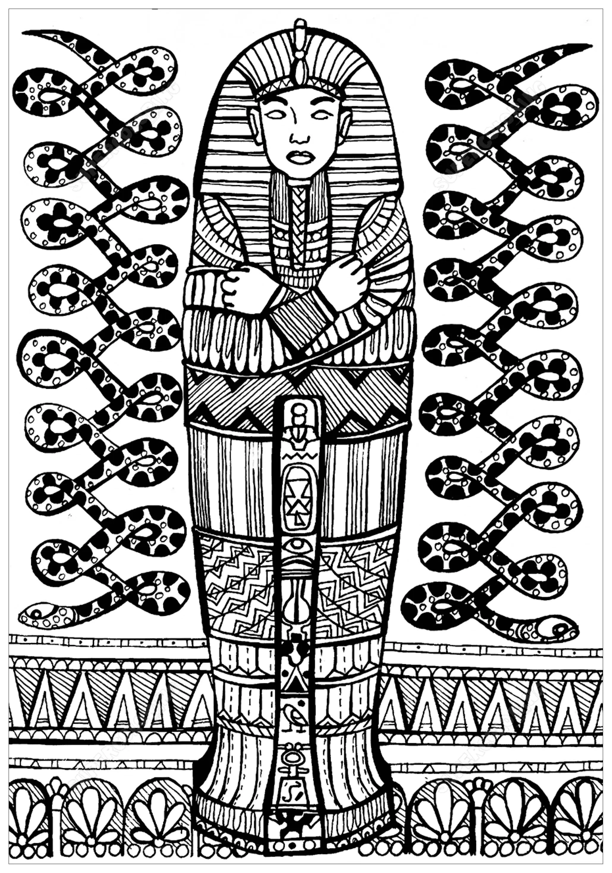 Sarkophag eines Pharaos (Ausmalbild von Ägypten und Hieroglyphen zum Ausdrucken und Ausmalen für Erwachsene)