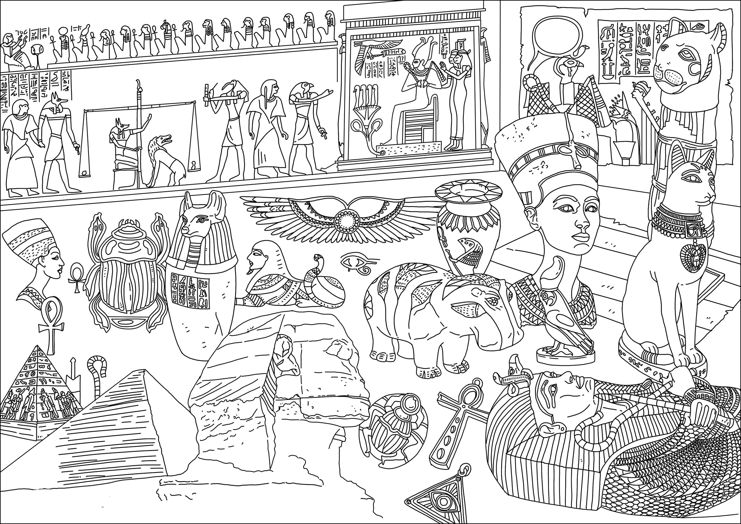 Ägypten (Ausmalbild von Ägypten und Hieroglyphen zum Ausdrucken und Ausmalen für Erwachsene)