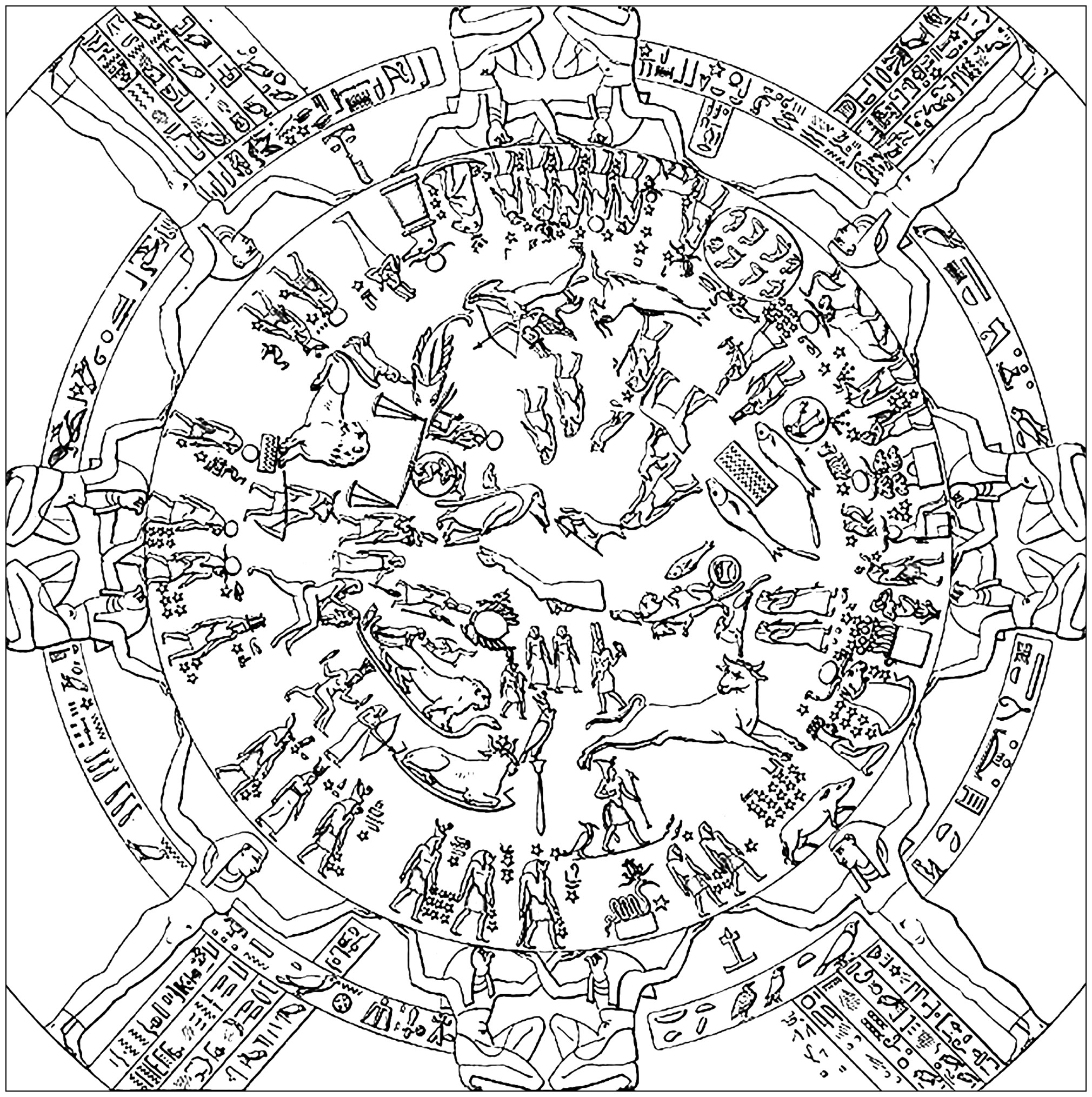 Ausmalbild nach der ersten Zeichnung des Tierkreises von Dendera (1802). Der Dendera-Zodiakus ist eine der am besten erhaltenen antiken Darstellungen der beobachtbaren Sterne. Obwohl er viele der heute bekannten Tierkreissymbole enthält, ist er eher als Sternenkarte denn als astrologisches Diagramm zu bezeichnen. Sie zeigt alle fünf Planeten, die den alten Ägyptern bekannt waren, in einer Ausrichtung, die einmal alle tausend Jahre stattfindet, sowie eine Sonnen- und Mondfinsternis. Die Ausrichtung der Planeten ermöglicht es Astrophysikern, den abgebildeten Himmel auf die Zeit zwischen dem 15. Juni und dem 15. August 50 v. Chr. zu datieren.