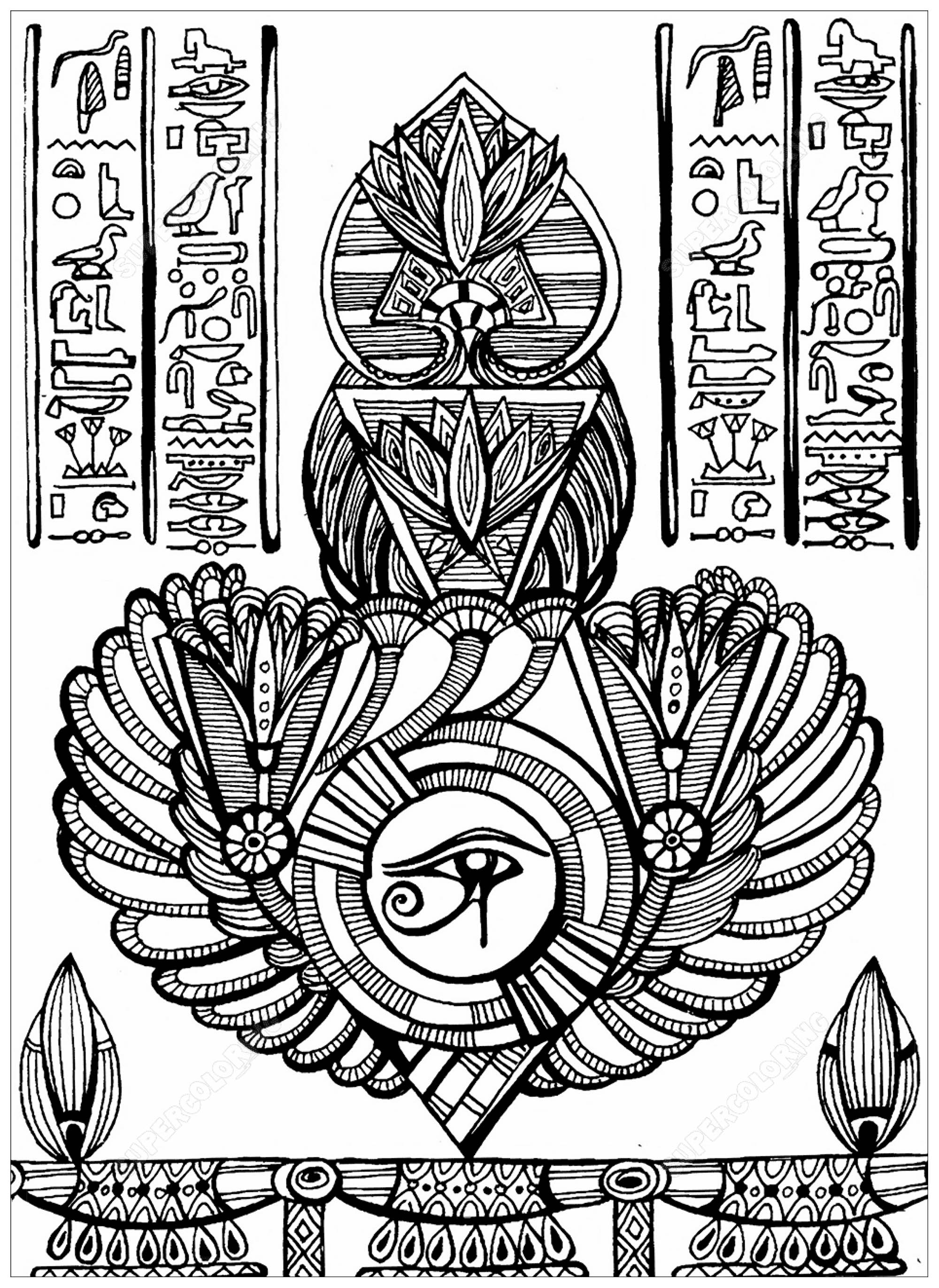 Auge des Horus (altägyptisches Symbol für Schutz, königliche Macht und gute Gesundheit) und andere Elemente, Künstler : Krivosheeva Olga (Ori Akuma)   Quelle : Supercoloring