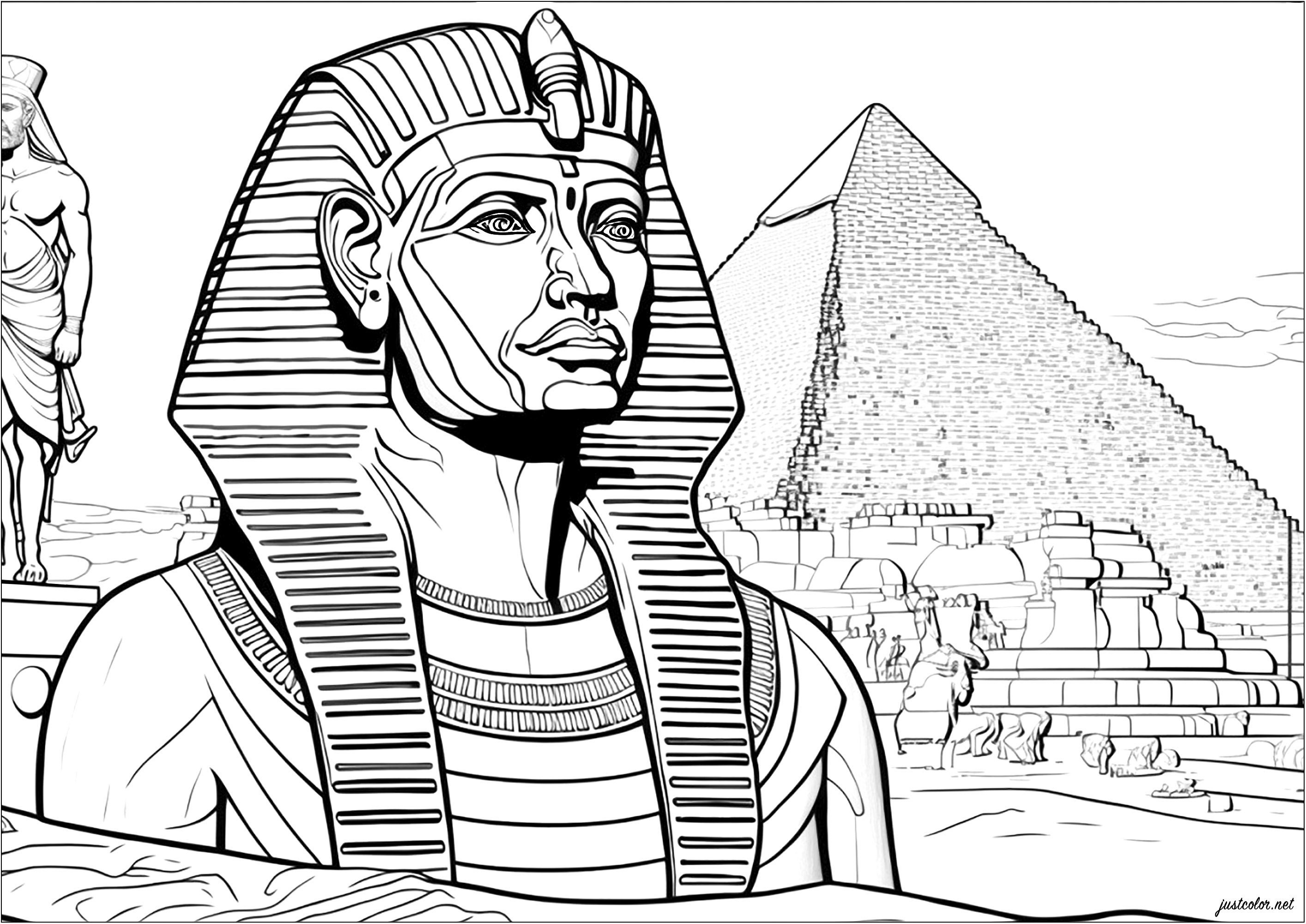 Majestätischer Pharao vor einer Pyramide. Diese Malvorlage ist eine Einladung, das alte Ägypten zu entdecken und sich in die Rolle des Pharaos zu versetzen.