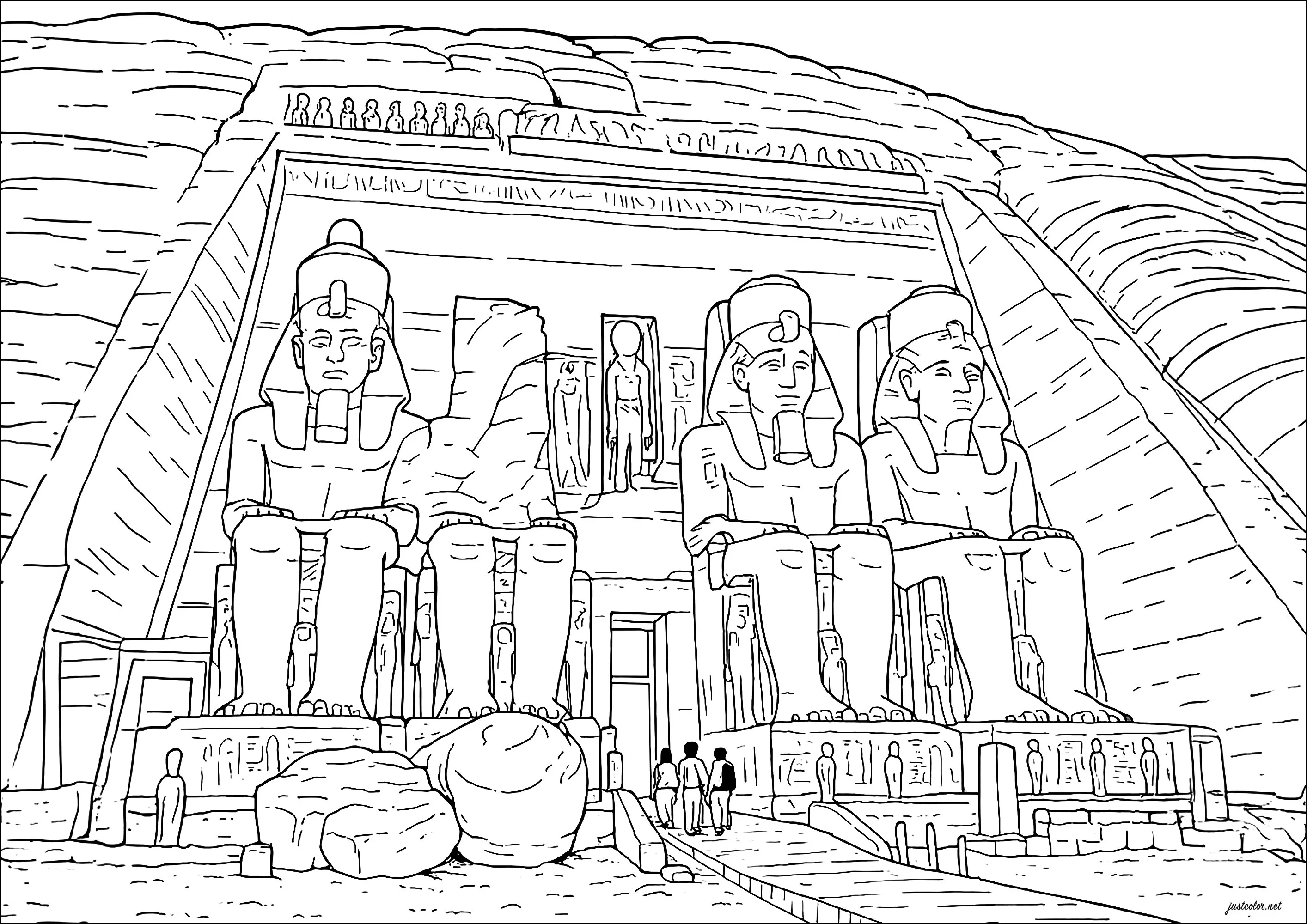Großer Tempel von Abu Simbel (Ausmalbild von Ägypten und Hieroglyphen zum Ausdrucken und Ausmalen für Erwachsene)