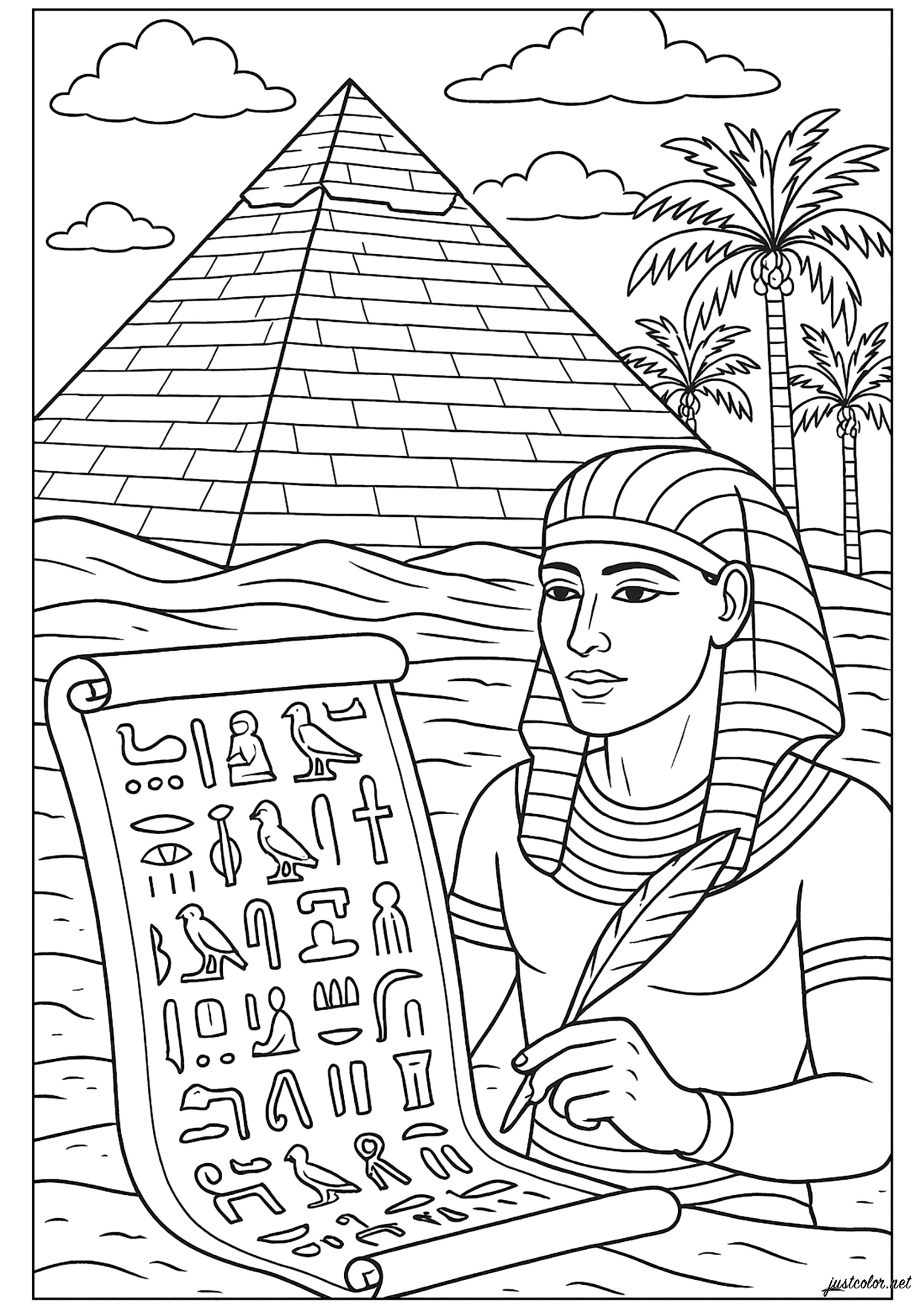 Schreiber und Pyramide von Gizeh (Ausmalbild von Ägypten und Hieroglyphen zum Ausdrucken und Ausmalen für Erwachsene)