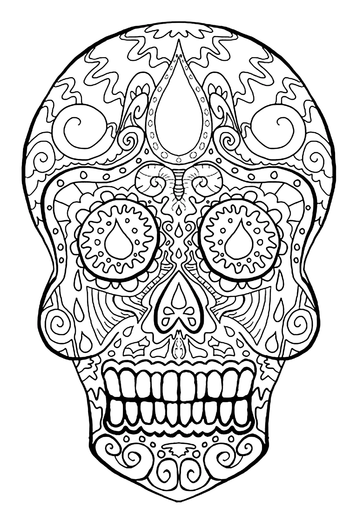 Crâne "Tag der Toten". (Ausmalbild von El Dia De Los Muertos zum Ausdrucken und Ausmalen für Erwachsene)