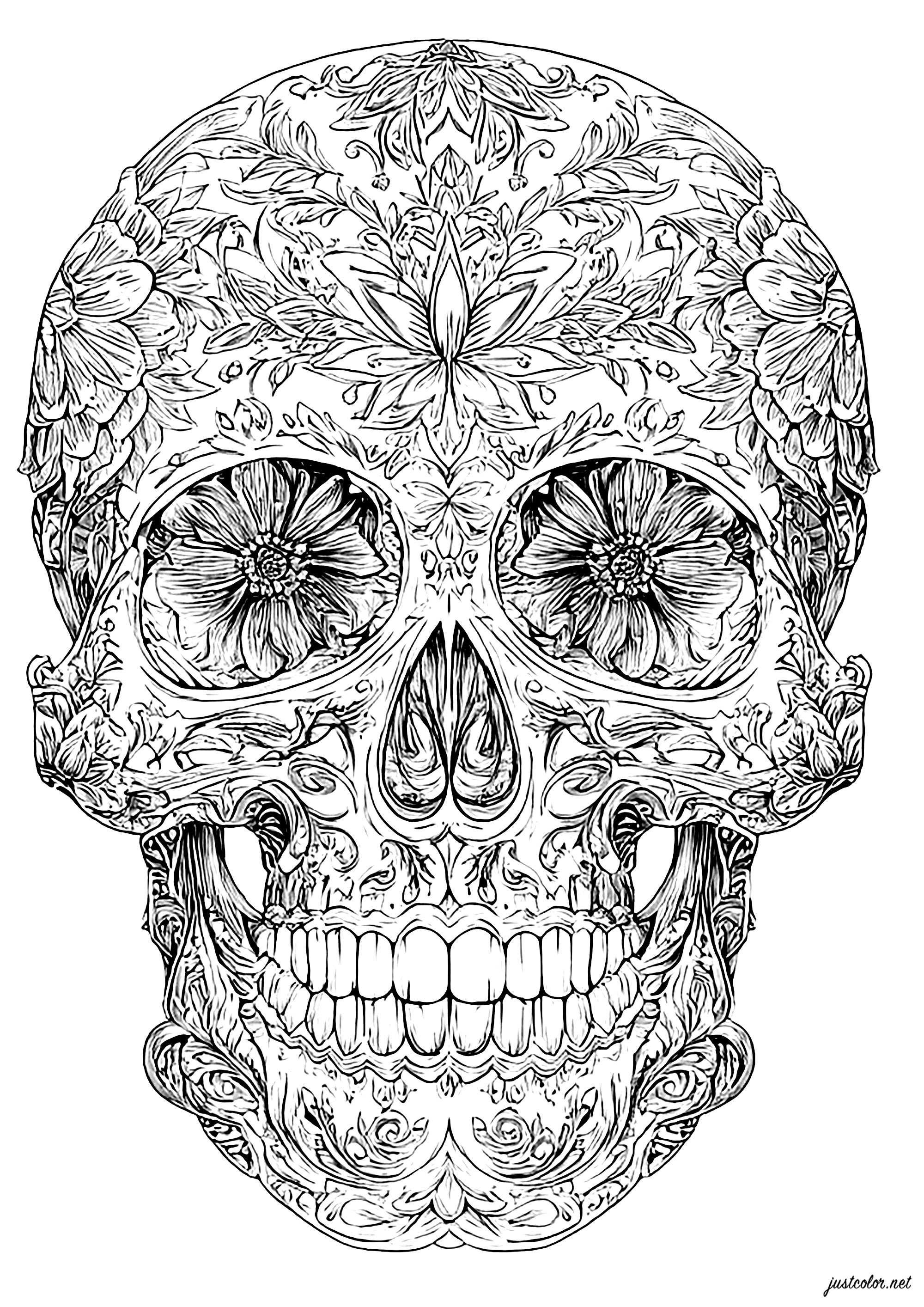Florale Symphonie (Ausmalbild von El Dia De Los Muertos zum Ausdrucken und Ausmalen für Erwachsene)