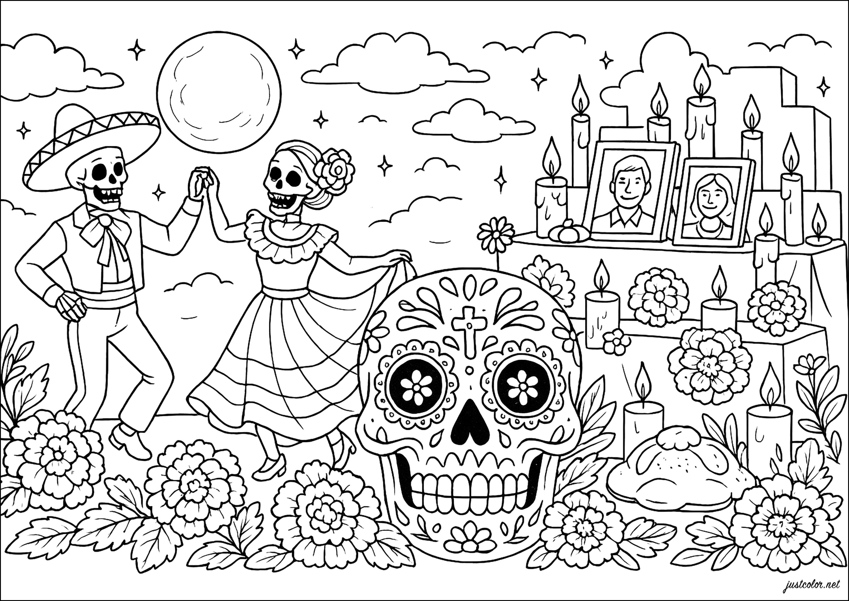 Festliche Feier fröhlicher Geister (Ausmalbild von El Dia De Los Muertos zum Ausdrucken und Ausmalen für Erwachsene)