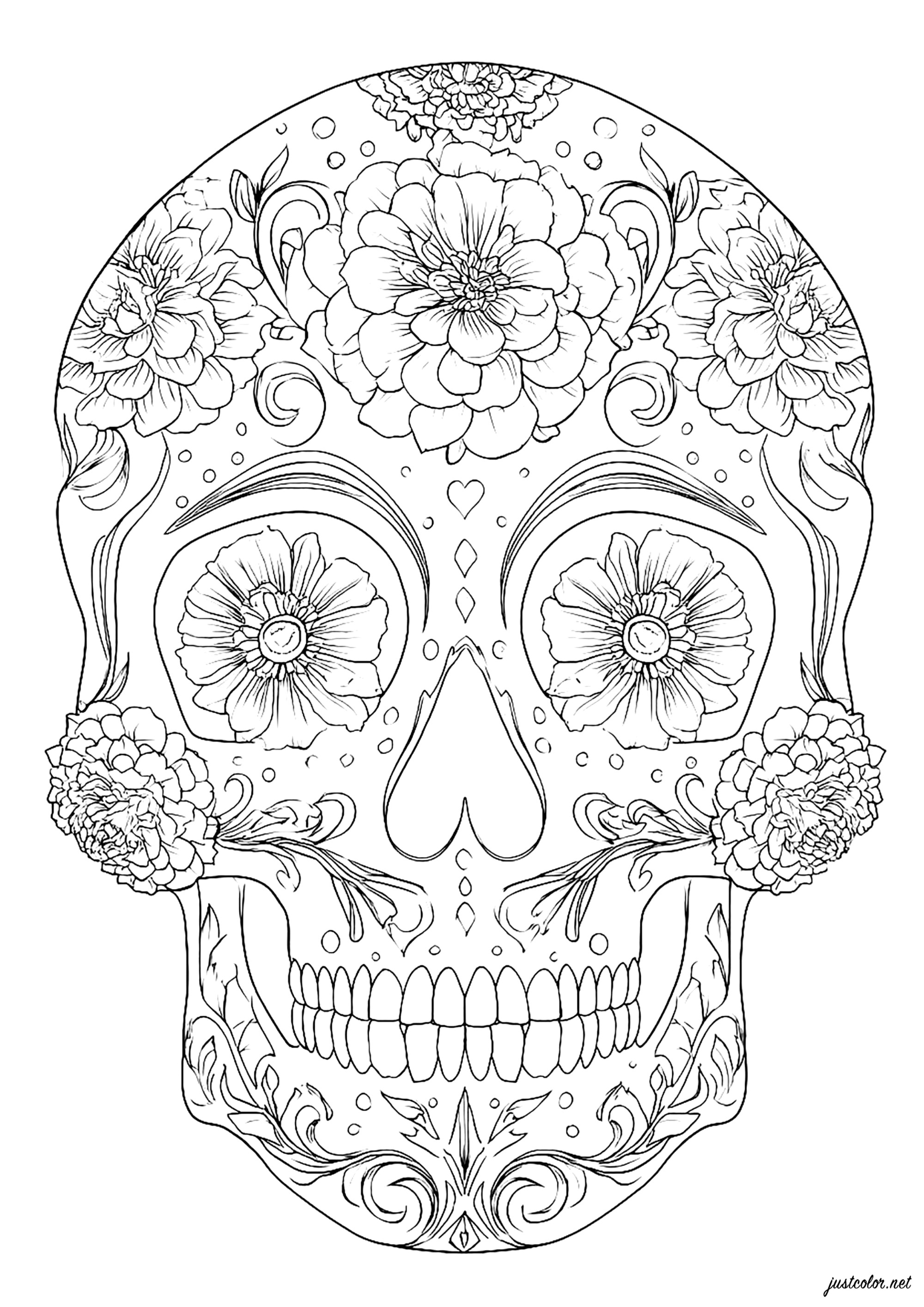 Elegantes floralen Totenkopf (Ausmalbild von El Dia De Los Muertos zum Ausdrucken und Ausmalen für Erwachsene)
