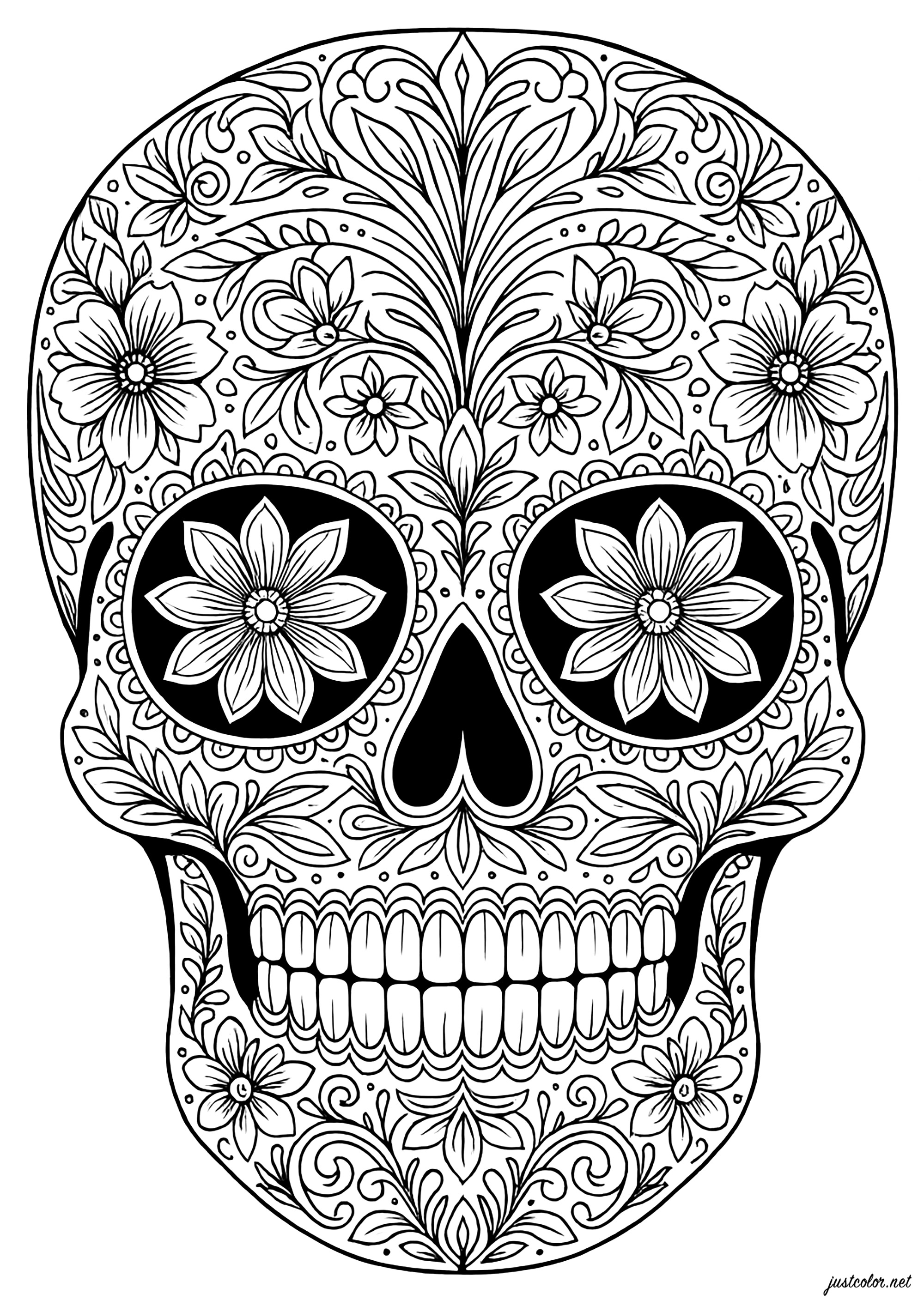 Schädel mit zahlreichen floralen Motiven (Ausmalbild von El Dia De Los Muertos zum Ausdrucken und Ausmalen für Erwachsene)