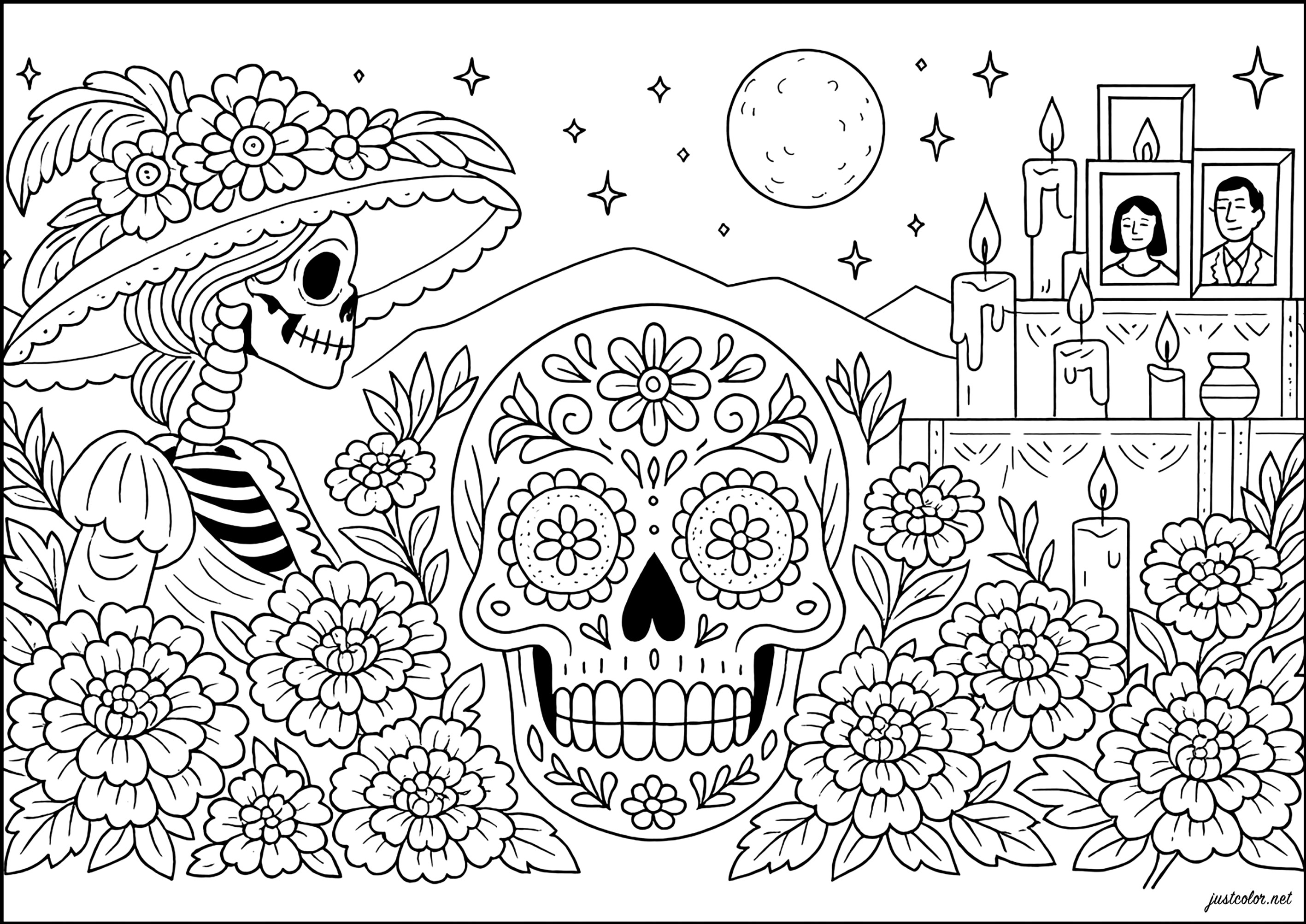 Gelassenheit unter dem sternenklaren Mond (Ausmalbild von El Dia De Los Muertos zum Ausdrucken und Ausmalen für Erwachsene)