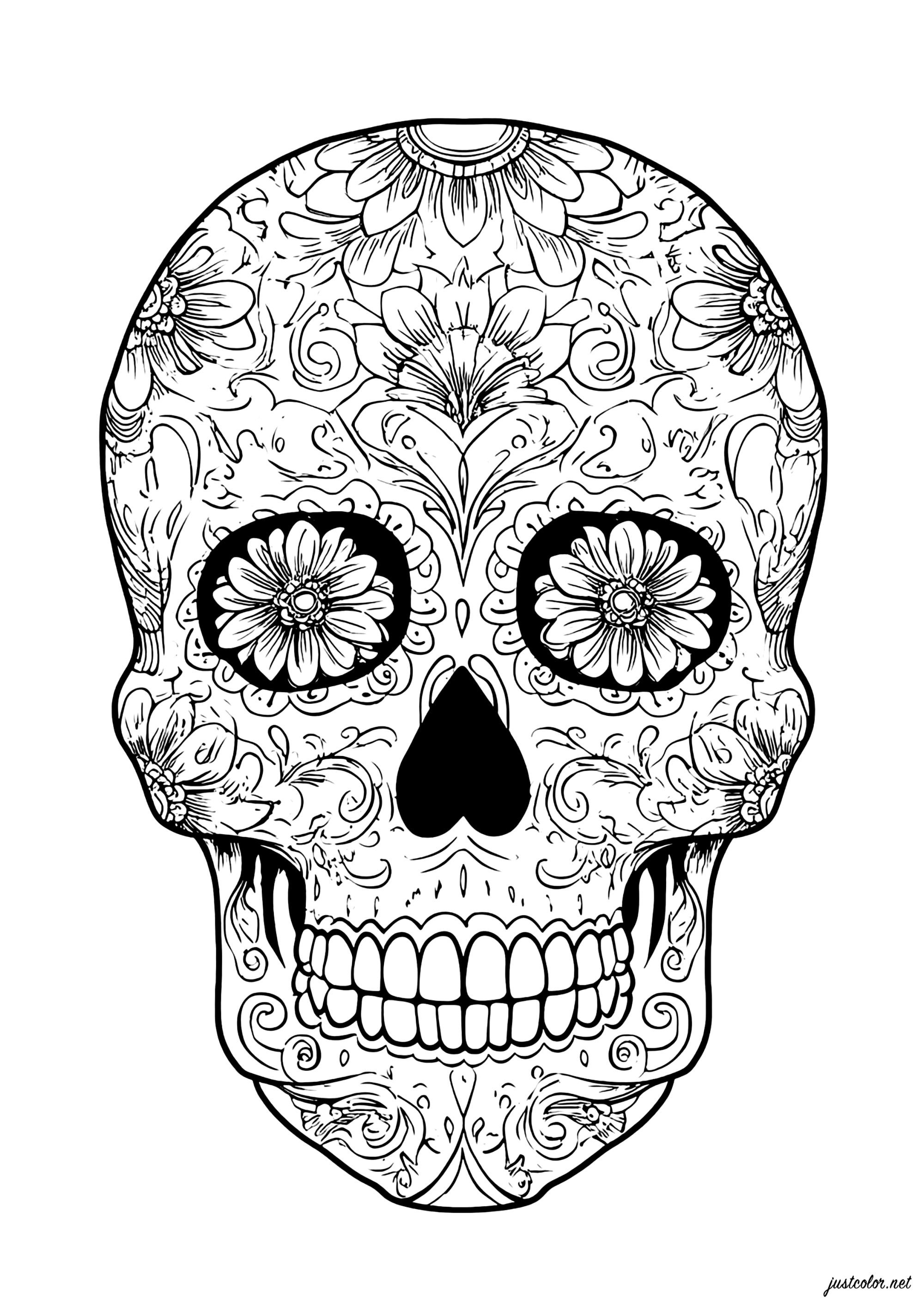 Schädel mit floralen Motiven (Ausmalbild von El Dia De Los Muertos zum Ausdrucken und Ausmalen für Erwachsene)