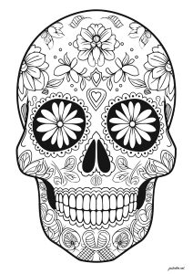 Schädel zum Tag der Toten - verschlungene Blumenmotive (Ausmalbild von El Dia De Los Muertos)