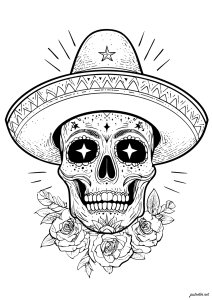 Festlicher Schädel unter einem großen mexikanischen Hut (Ausmalbild von El Dia De Los Muertos)