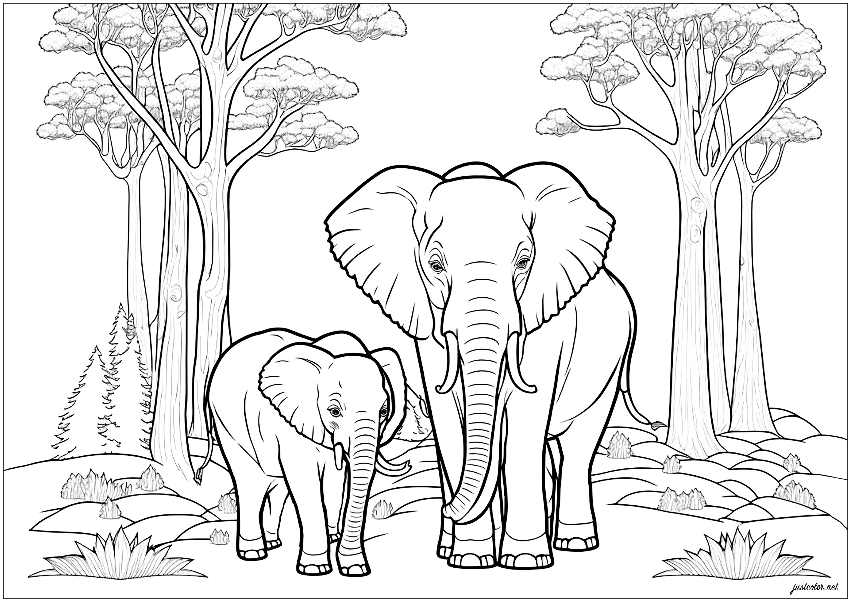 Elefantenmutter und ihr Kalb, mit einem schönen Wald im Hintergrund