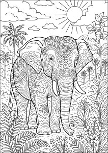 Prächtiger asiatischer Elefant im indonesischen Dschungel (Ausmalbild von Elefanten)