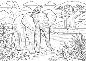 Majestätischer Elefant mit seinem Vogel-Freund auf dem Kopf (Ausmalbild von Elefanten)