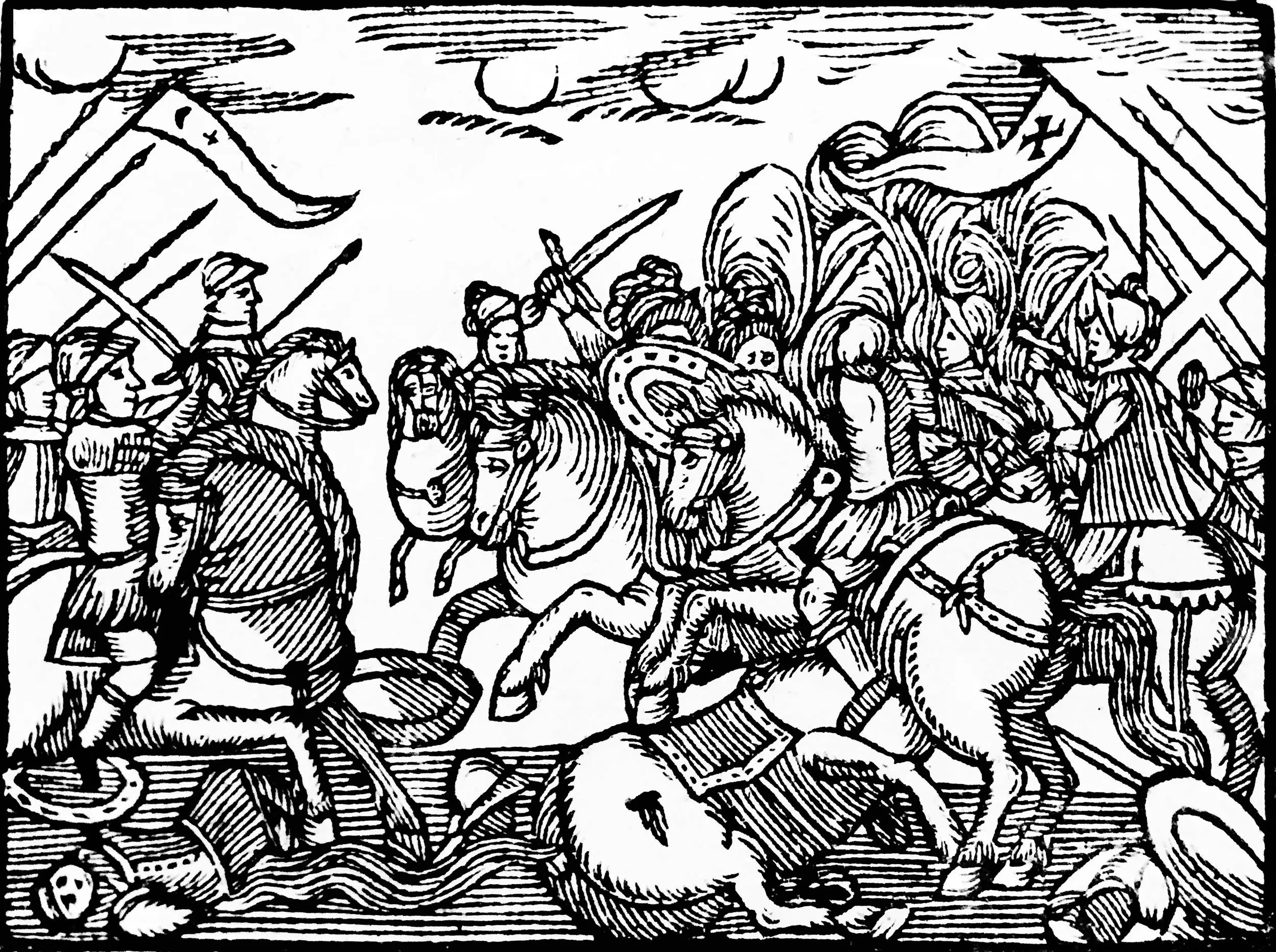Kolorierung nach einem Kupferstich von 1620 mit Rittern im Krieg (Ausmalbild von Gravur zum Ausdrucken und Ausmalen für Erwachsene)