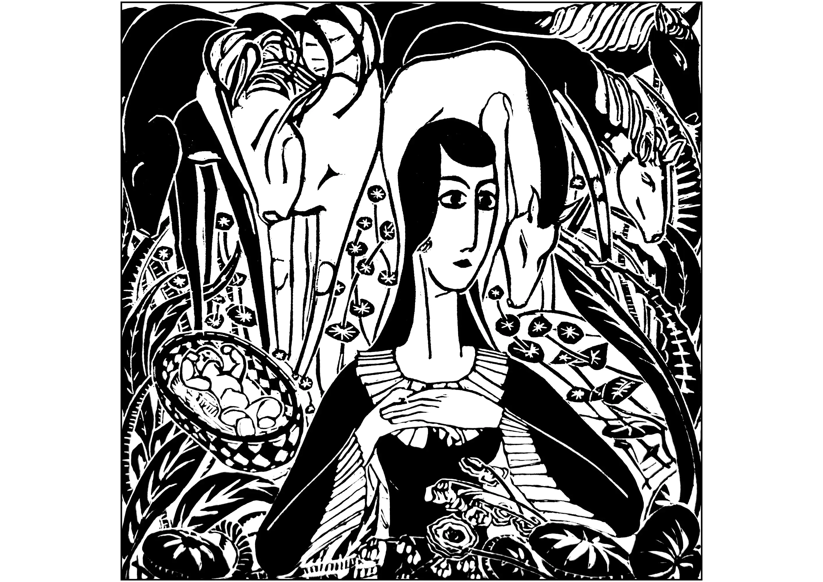 Frau und Pferde (Holzschnitt) (Ausmalbild von Gravur zum Ausdrucken und Ausmalen für Erwachsene)