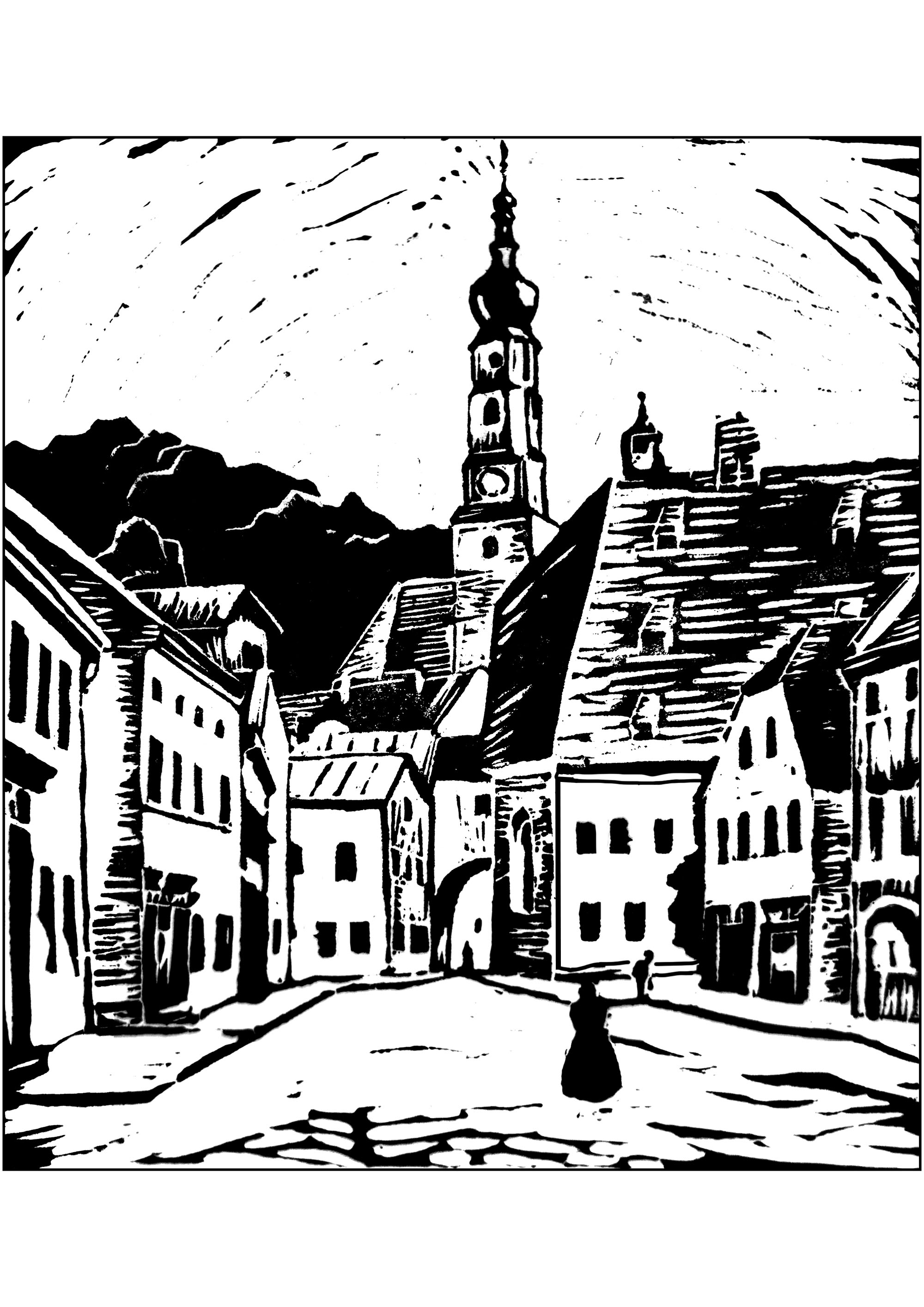 Französisches Dorf (Ausmalbild von Gravur zum Ausdrucken und Ausmalen für Erwachsene)