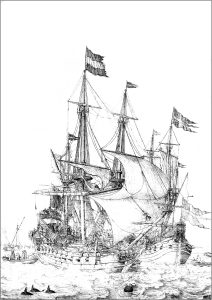 Kupferstich eines schottischen Kriegsschiffs aus dem 13.